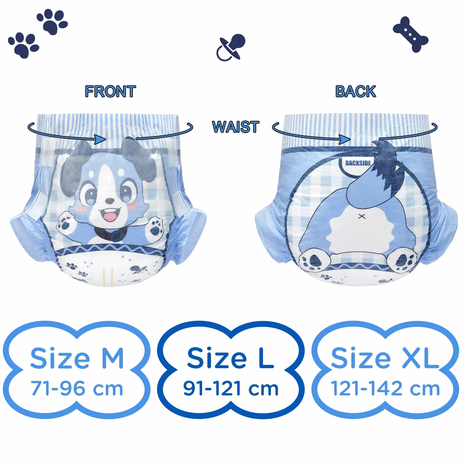 LittleForBig Regulowane Zapięcie na Rzep Materiałowe Plecy Pielucha Drukowana Dla Dorosłych 10 Sztuk - Mały Niebieski BabyFur (Medium 71-96 cm)