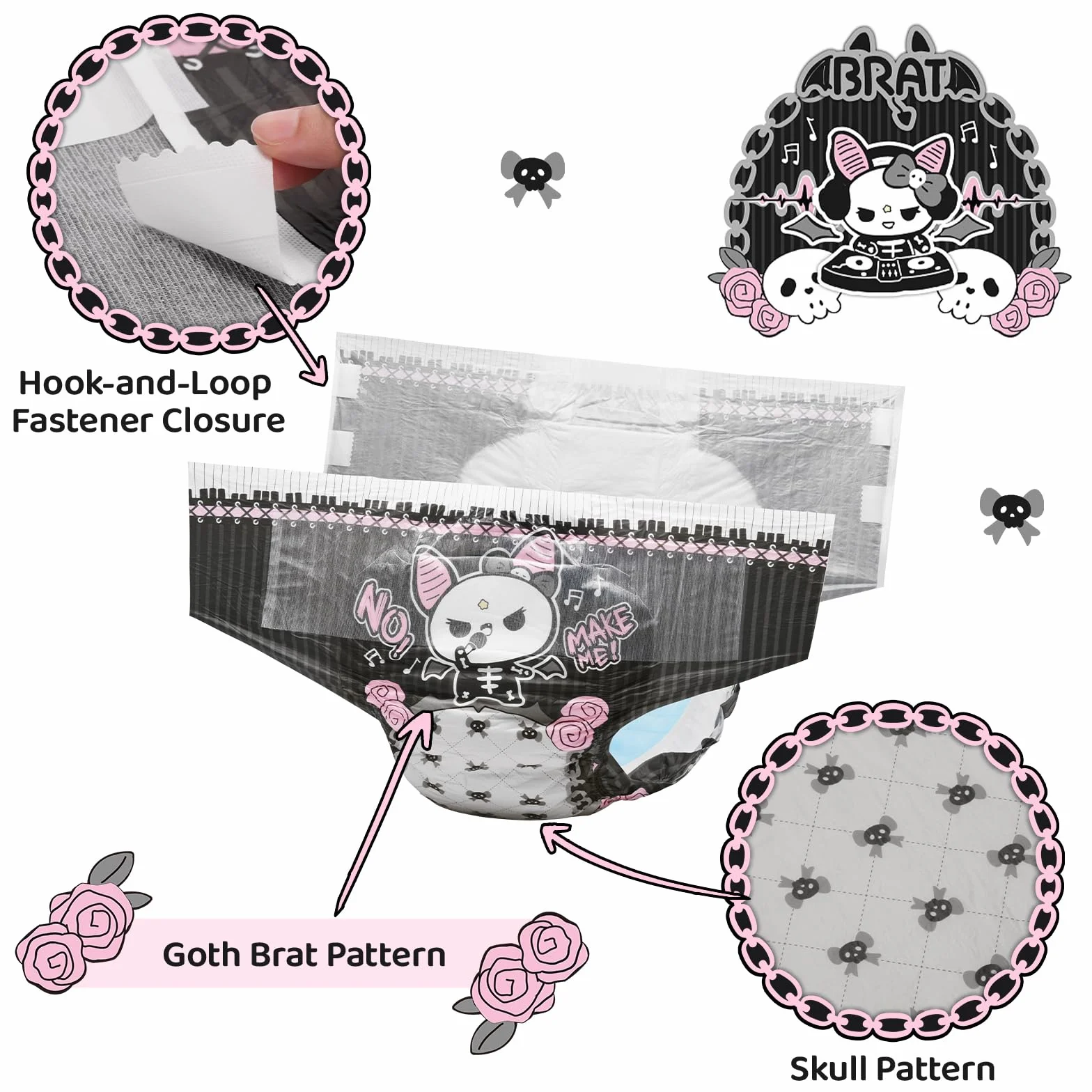 LittleForBig Ultra chłonne pieluchy dla dorosłych z nadrukiem 7000 ml 2 sztuki - Goth Brat (M)