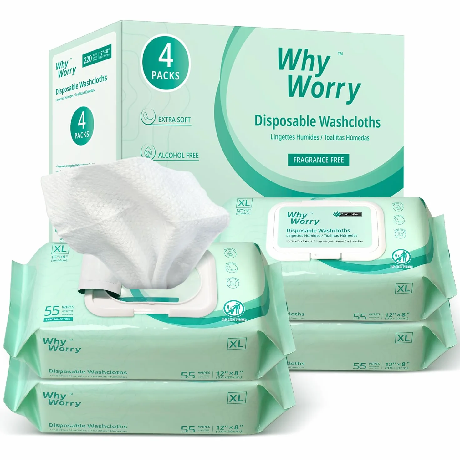 WhyWorry Chusteczki Nawilżane dla Dorosłych, Bardzo Duże 20 x 30 cm Chusteczki do Czyszczenia Ciała dla Seniorów, Bardzo Grube, Jednorazowe, z Aloesem i Witaminą E, 220 Sztuk