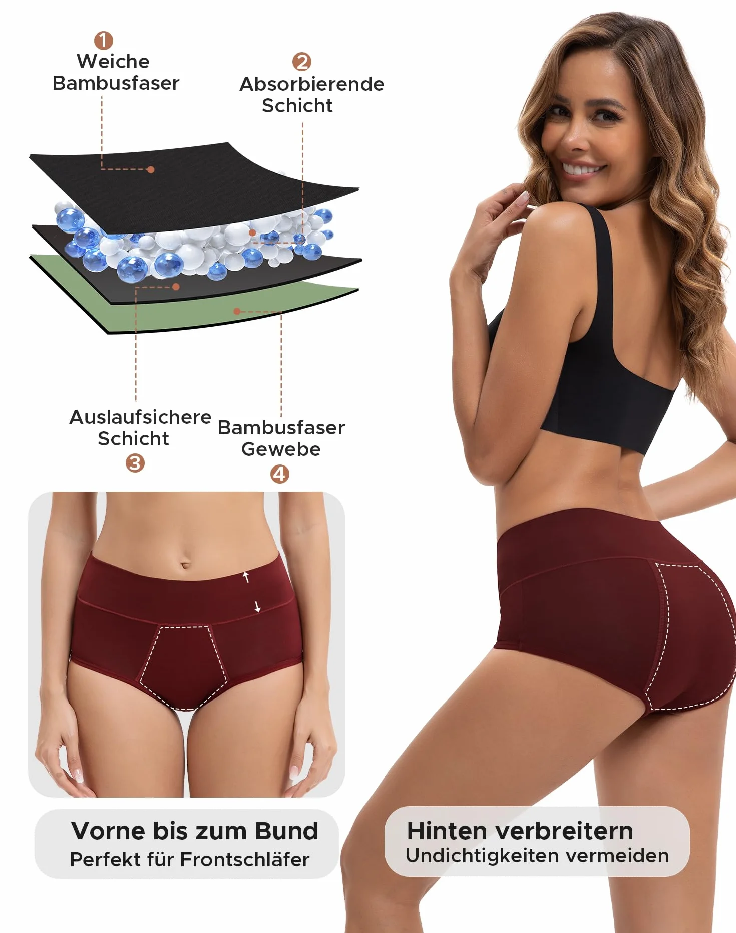 INNERSY Bielizna okresowa, silne krwawienie, bambus, wysoka talia, bielizna menstruacyjna, 3 sztuki