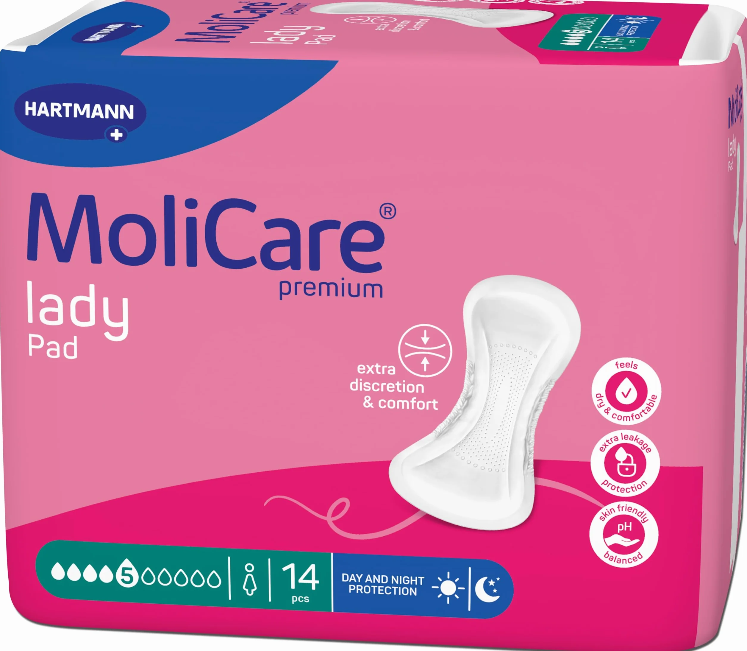MoliCare lady Pad 5 kropli bardzo długa wkładka do inkontynencji dla kobiet ze średnim osłabieniem pęcherza moczowego, ochrona w nocy, neutralizator zapachów, zaawansowana ochrona skóry, 14 sztuk