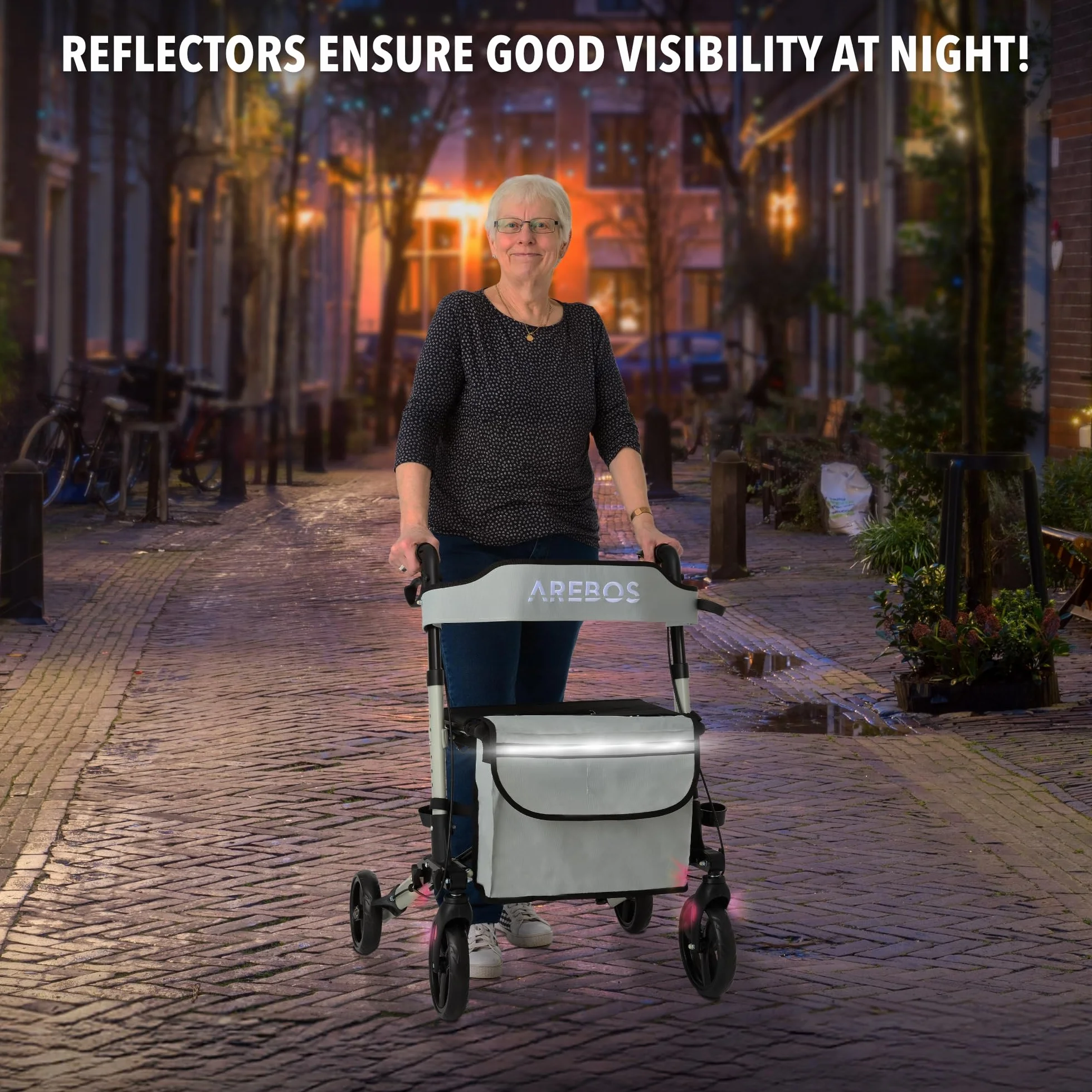 Arebos Rollator 4 Koła Składany z Siedziskiem i Oparciem, Regulacja Wysokości, Torba na Zakupy, Maks. 136 kg