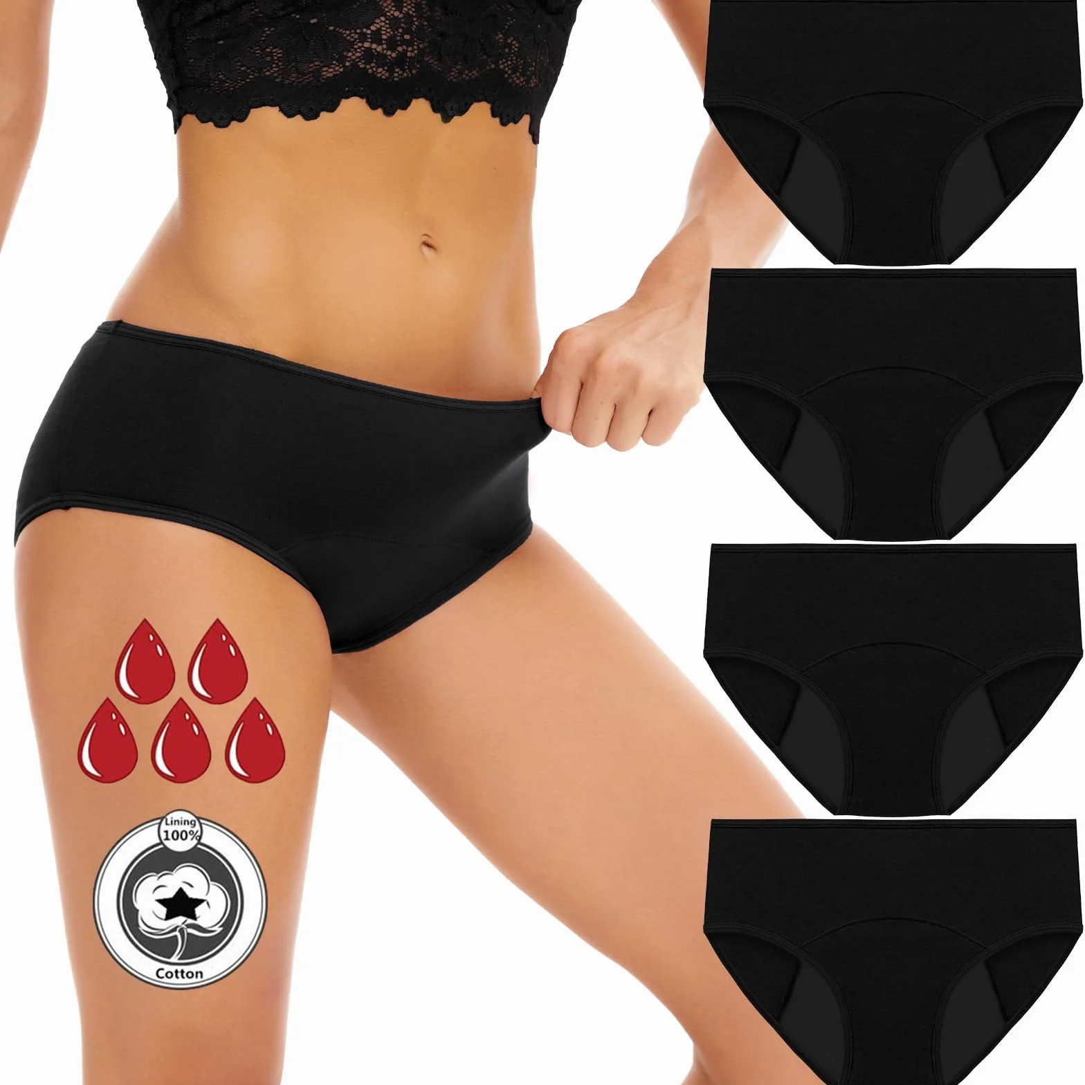 flintronic Majtki menstruacyjne, chłonne, szczelne majtki, ciężki przepływ 30 ml, bawełniane majtki menstruacyjne dla kobiet, chłonne i wielokrotnego użytku S/M/L