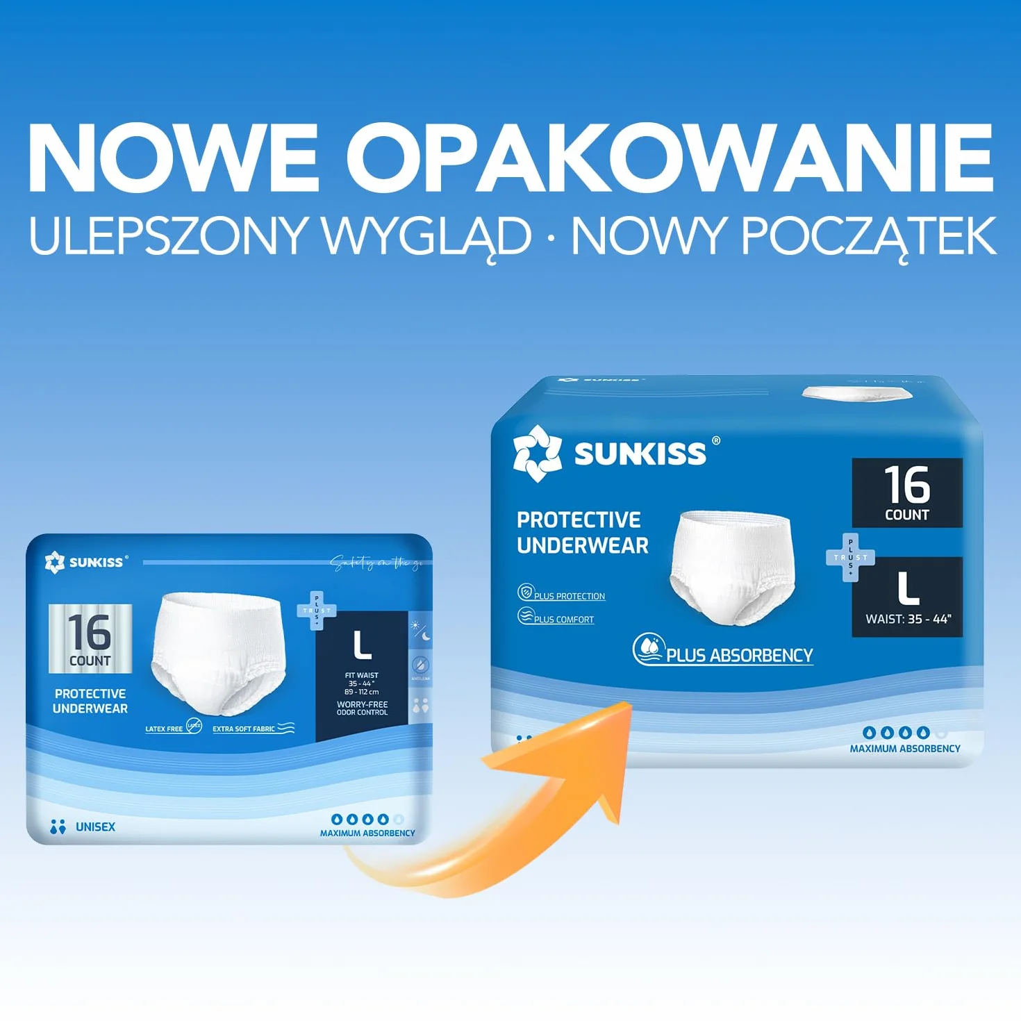 SUNKISS TrustPlus spodnie na nietrzymanie moczu dla mężczyzn i kobiet, dla dorosłych, jednorazowa bielizna ochronna, maksymalna chłonność, kontrola zapachu, rozmiar L, 16 szt.