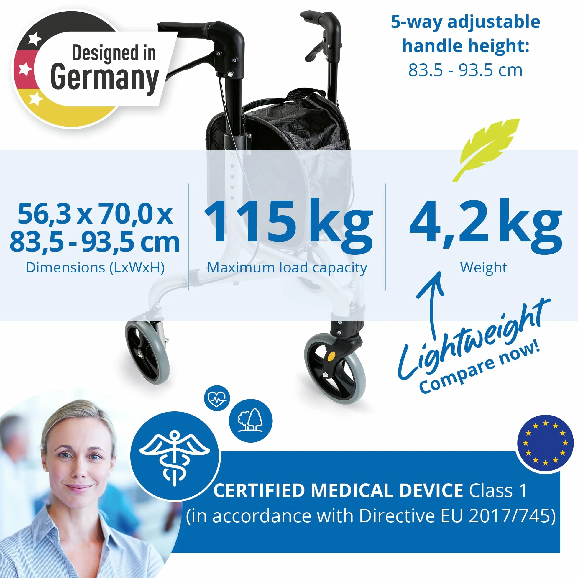 WEINBERGER Aluminium Rollator faltbar 3 Räder 4,2 kg Silber-Schwarz Modell 02217