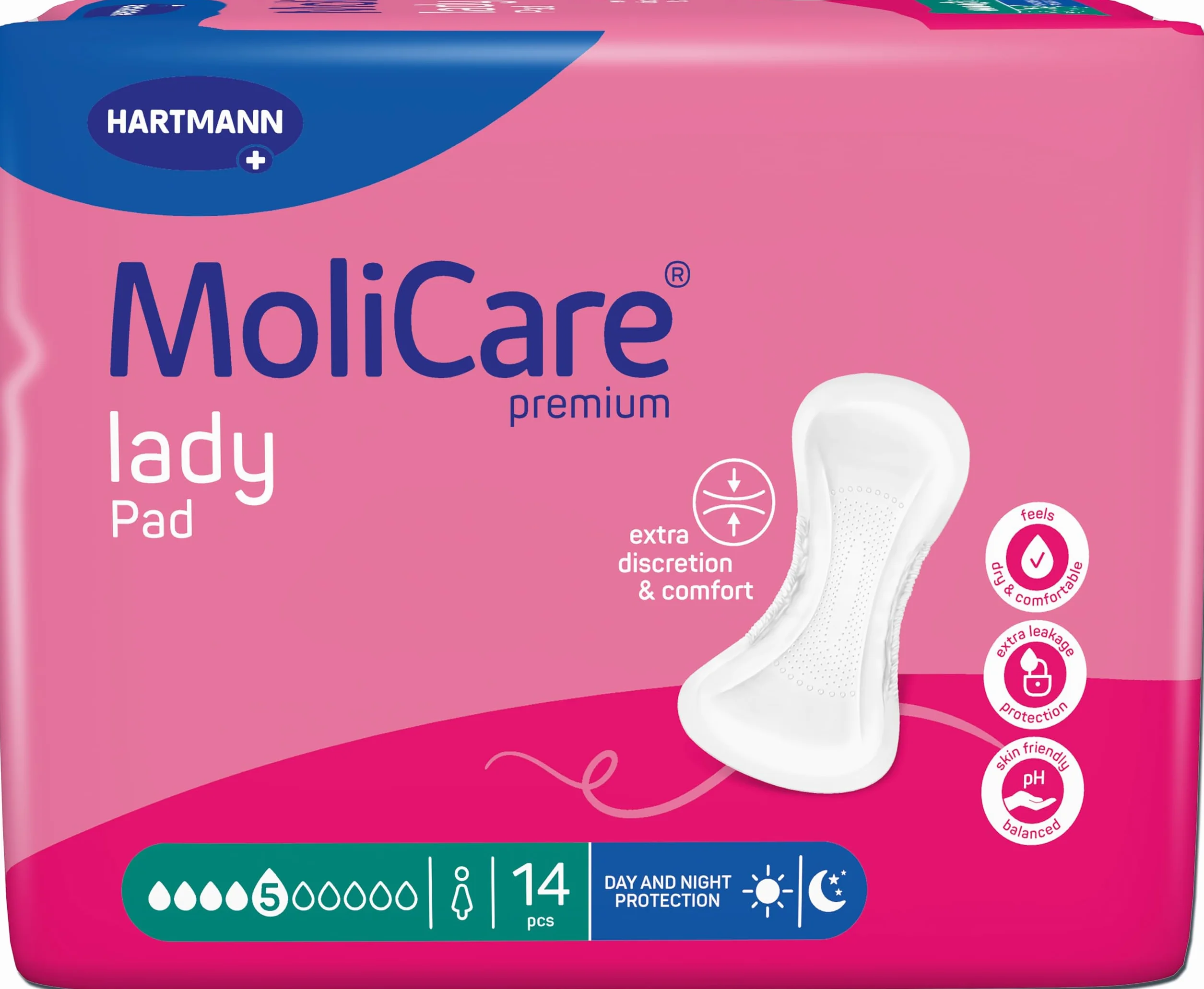 MoliCare lady Pad 5 kropli bardzo długa wkładka do inkontynencji dla kobiet ze średnim osłabieniem pęcherza moczowego, ochrona w nocy, neutralizator zapachów, zaawansowana ochrona skóry, 14 sztuk