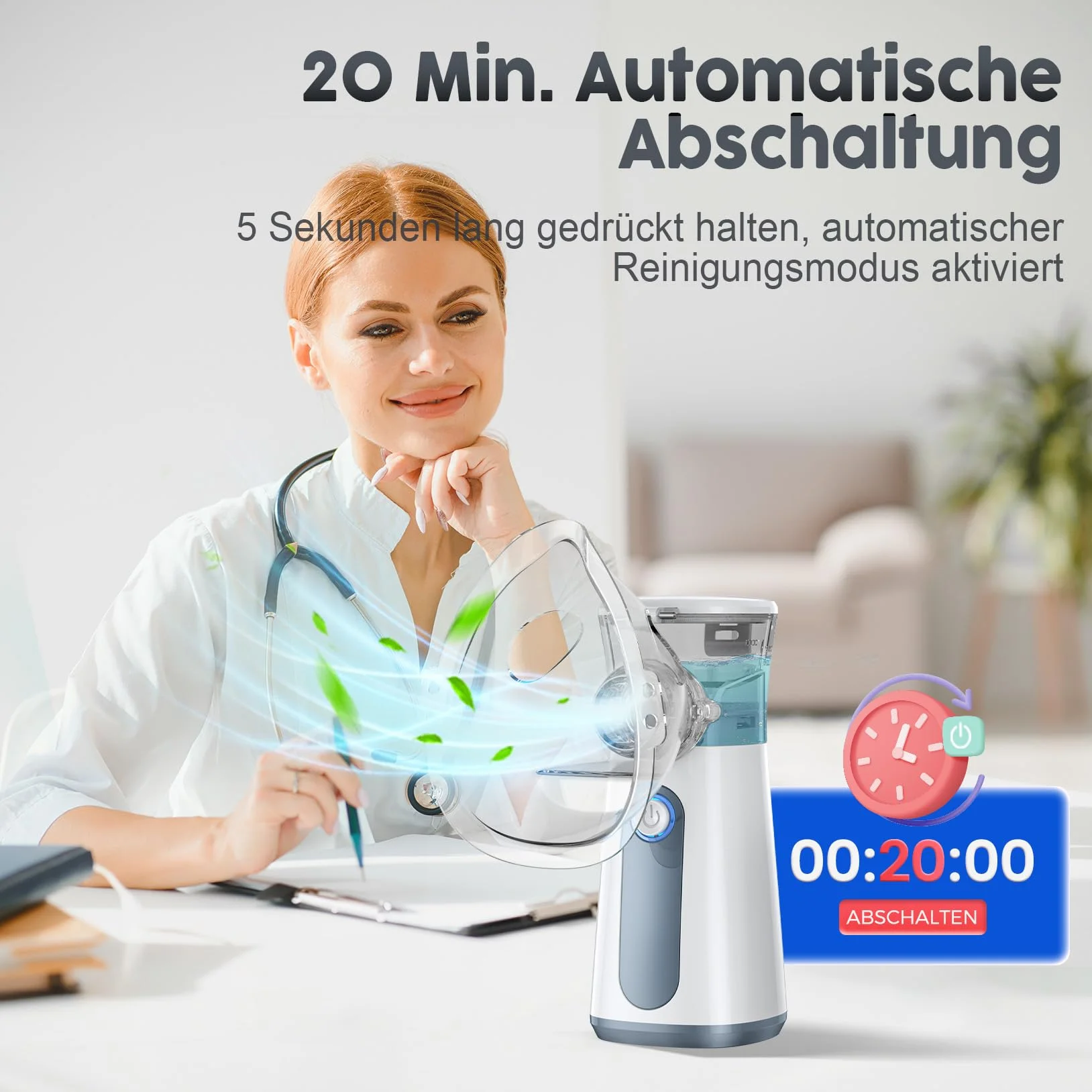 Cichy inhalator dla dzieci i dorosłych z ustnikiem, 2 maskami, regulowaną szybkością, trybem czyszczenia, długą żywotnością baterii