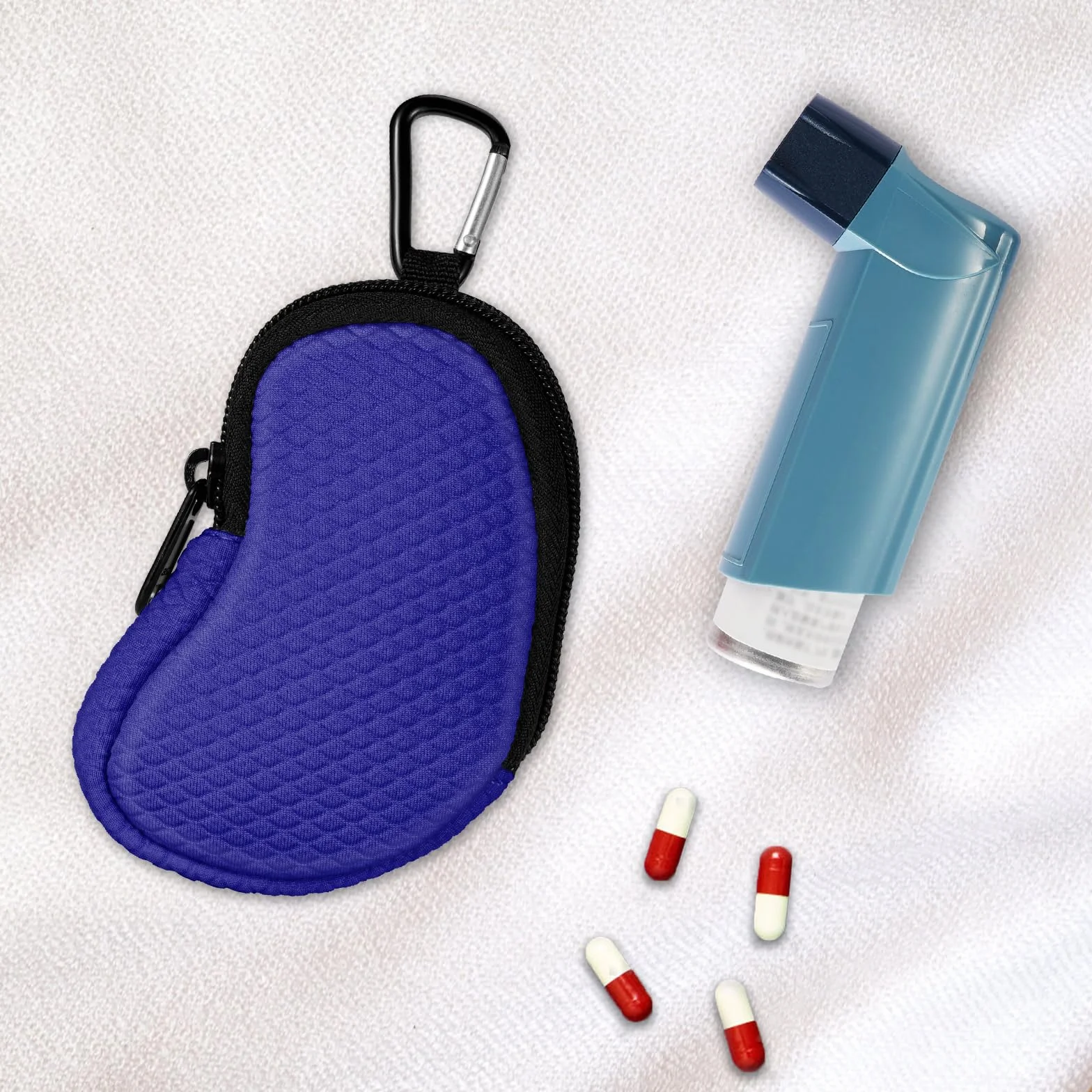 MEDMAX Étui de Transport pour Asthma inhalator, Sac de Rangement léger protection en néoprène avec mousqueton, inhalateur non inclus (étui uniquement) (Bleu marine)