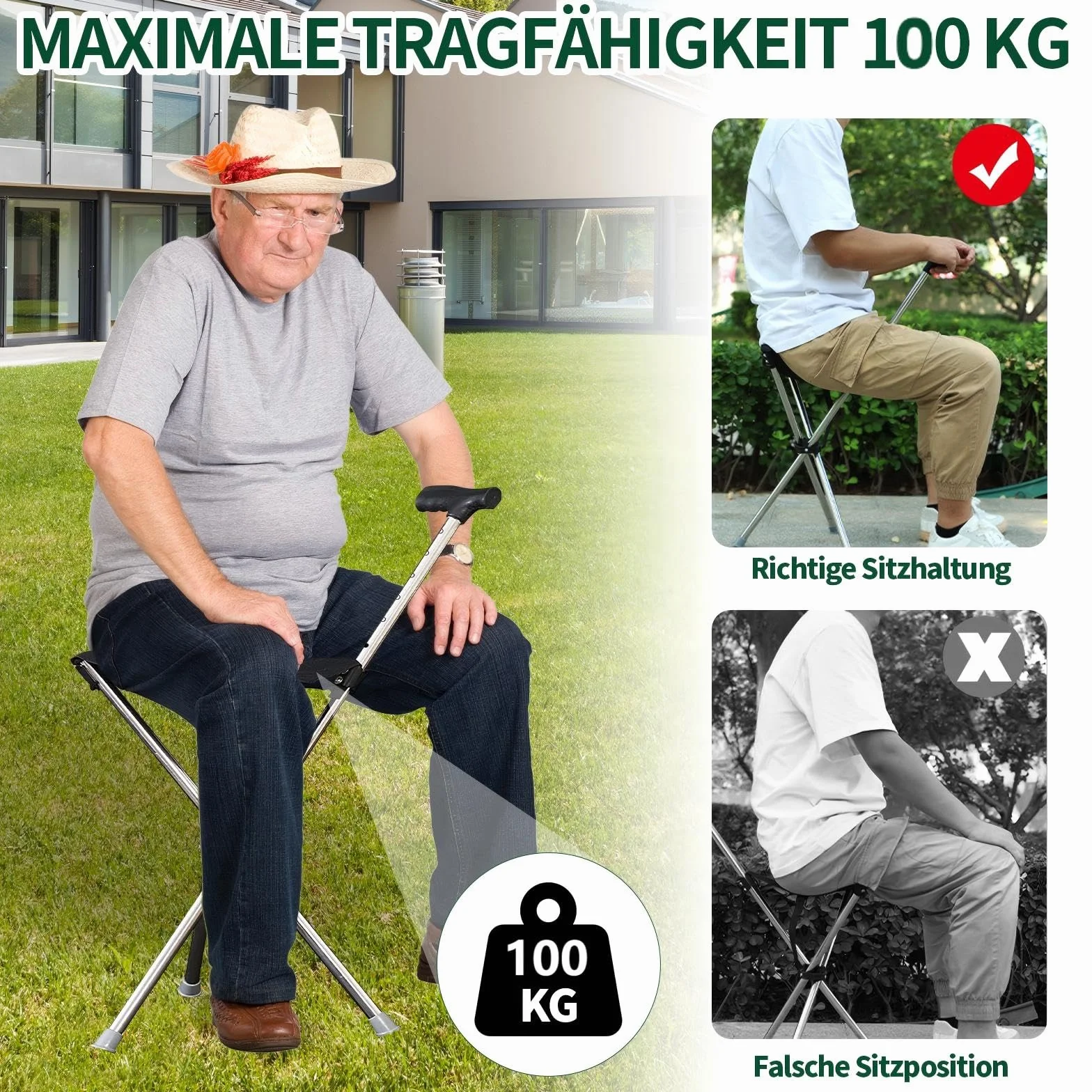 Składany kij z siedziskiem 80-90 cm, antypoślizgowa silikonowa podstawa, nośność 100 kg