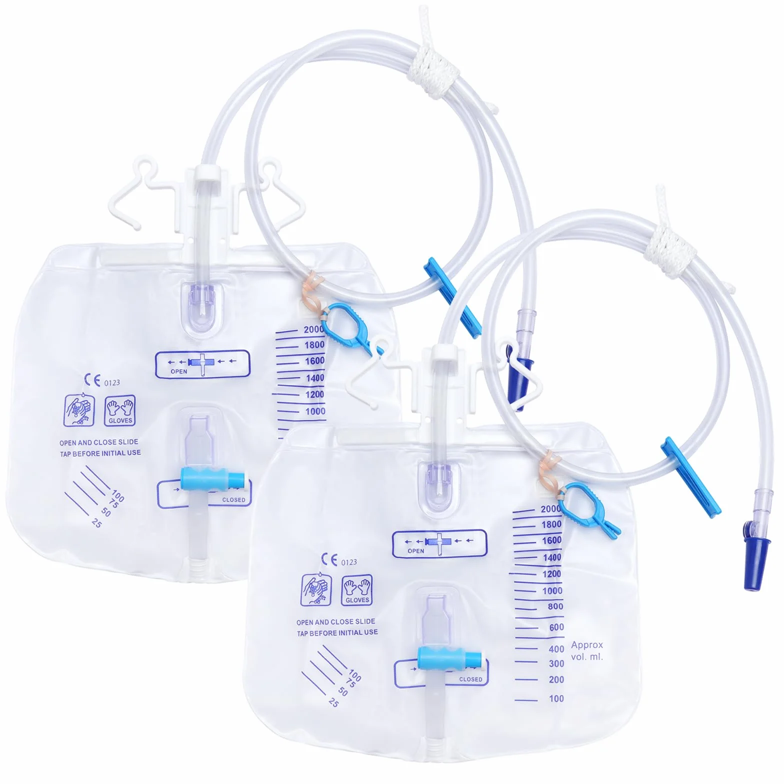 2 sztuki systemu drenażu moczu, worek na mocz 2000 ml z zaworem antyrefluksowym i odpływem, worek do drenażu moczu z wężem 100 cm (2000 ml, 2 szt.)