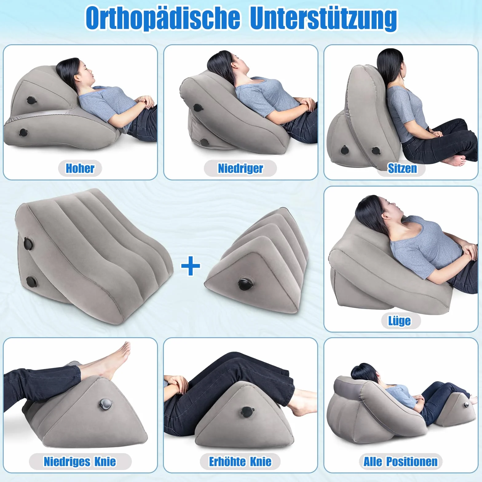 SAHEYER Zestaw nadmuchiwanych poduszek na oparcie, 2 regulowane poduszki do czytania, ergonomiczna poduszka podpierająca nogi, poduszka podpierająca plecy, poduszka antyrefleksyjna, do łagodzenia bólu