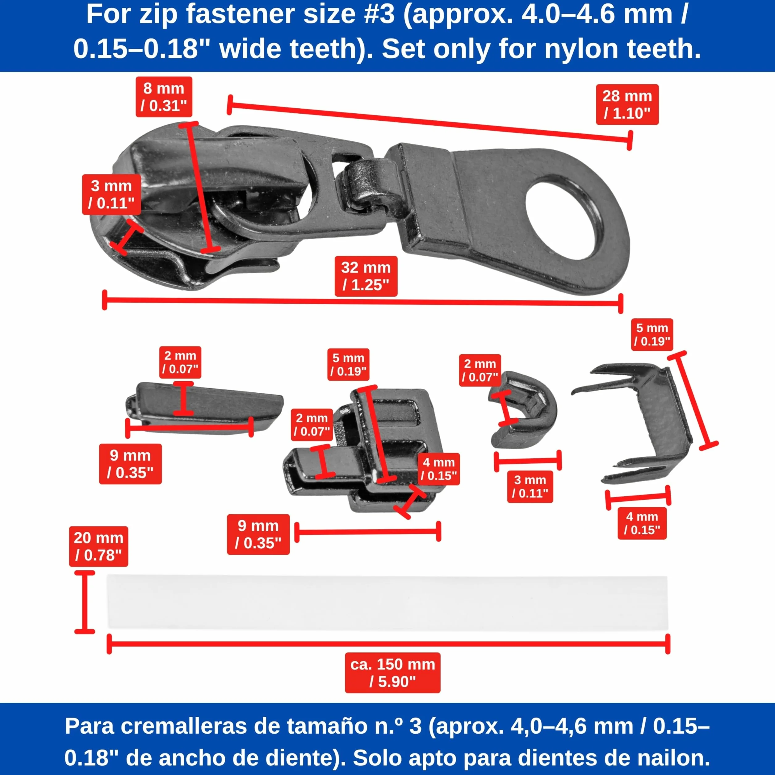 Zestaw naprawczy zamków błyskawicznych NYLON #3 z 6 suwakami, zaślepkami u dołu, 12 x zatyczkami na górze, zapasowym zamkiem błyskawicznym, górny i dolny zatrzask na zamek błyskawiczny, do kurtki