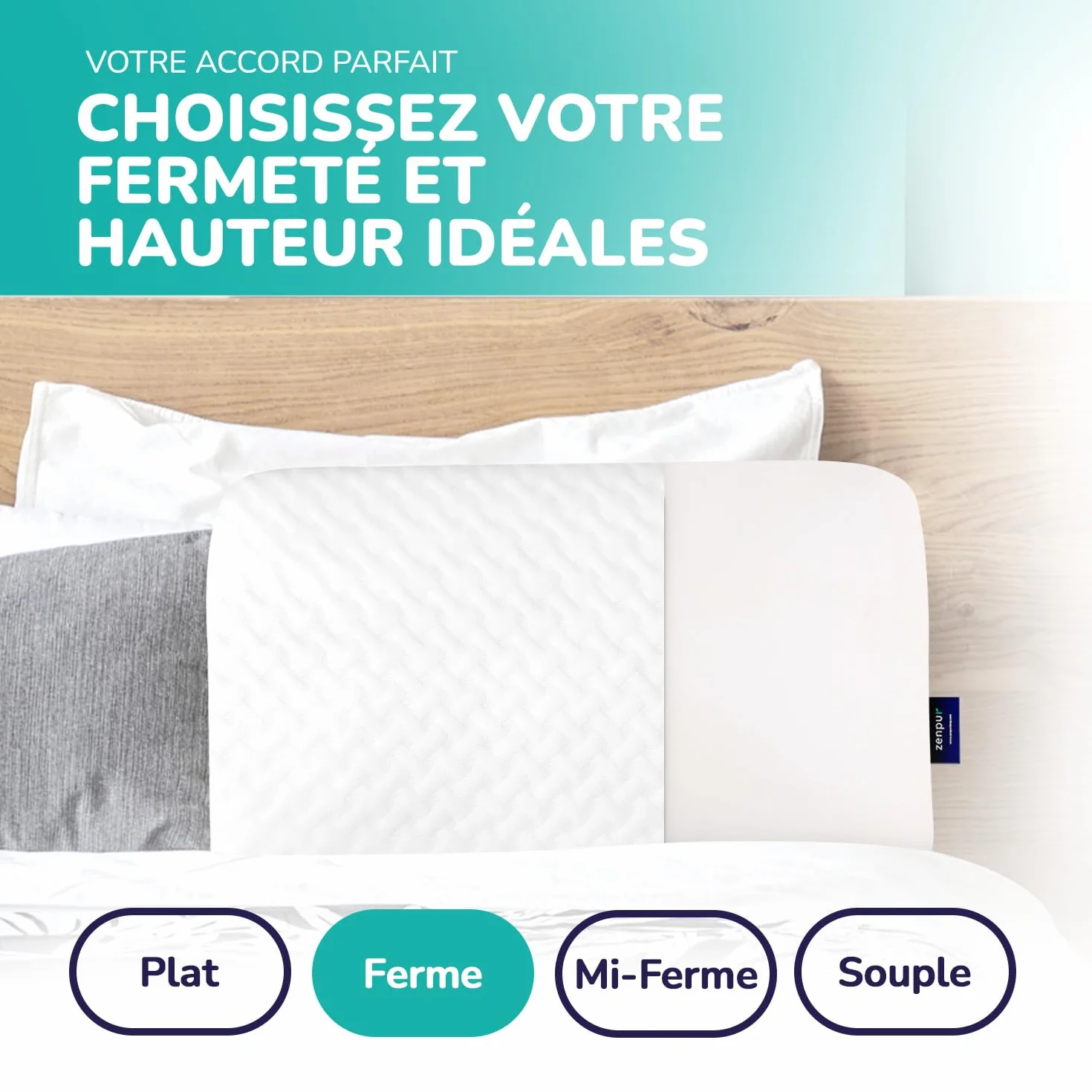 ZenPur Oreiller Ergonomique Cervical Orthopédique, Coussin Mémoire de Forme, Anti Acarien & Ronflement, Housse Bambou, Fabriqué EU