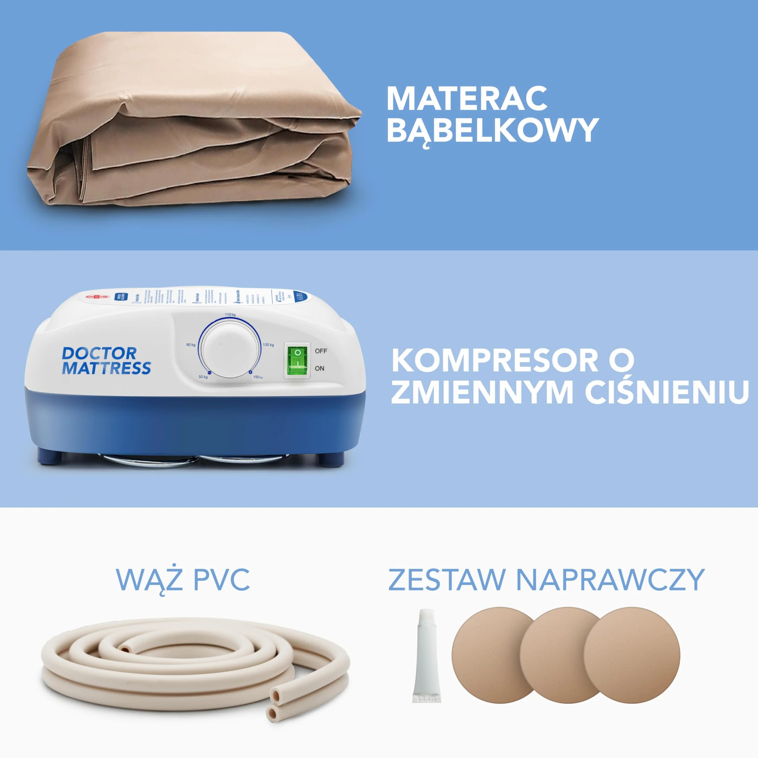 Materac przeciwodleżynowy AIESI DOCTOR MATTRESS 130 komór 150 kg stalowe haki