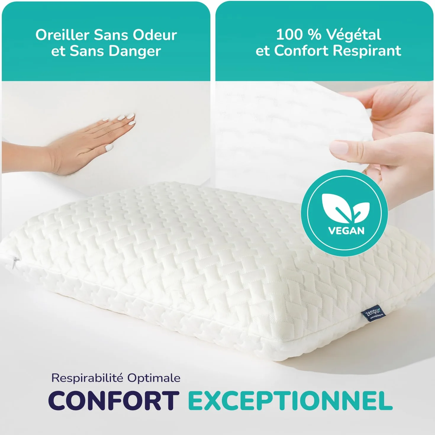 ZenPur Oreiller Ergonomique Cervical Orthopédique, Coussin Mémoire de Forme, Anti Acarien & Ronflement, Housse Bambou, Fabriqué EU