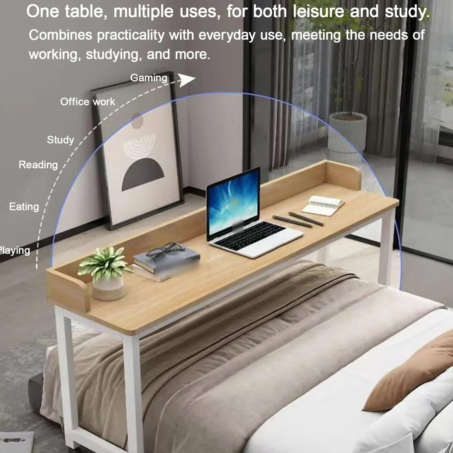 Stolik Pod Laptopa Nadłóżkowy z Kółkami 220x60cm Orzech Biały