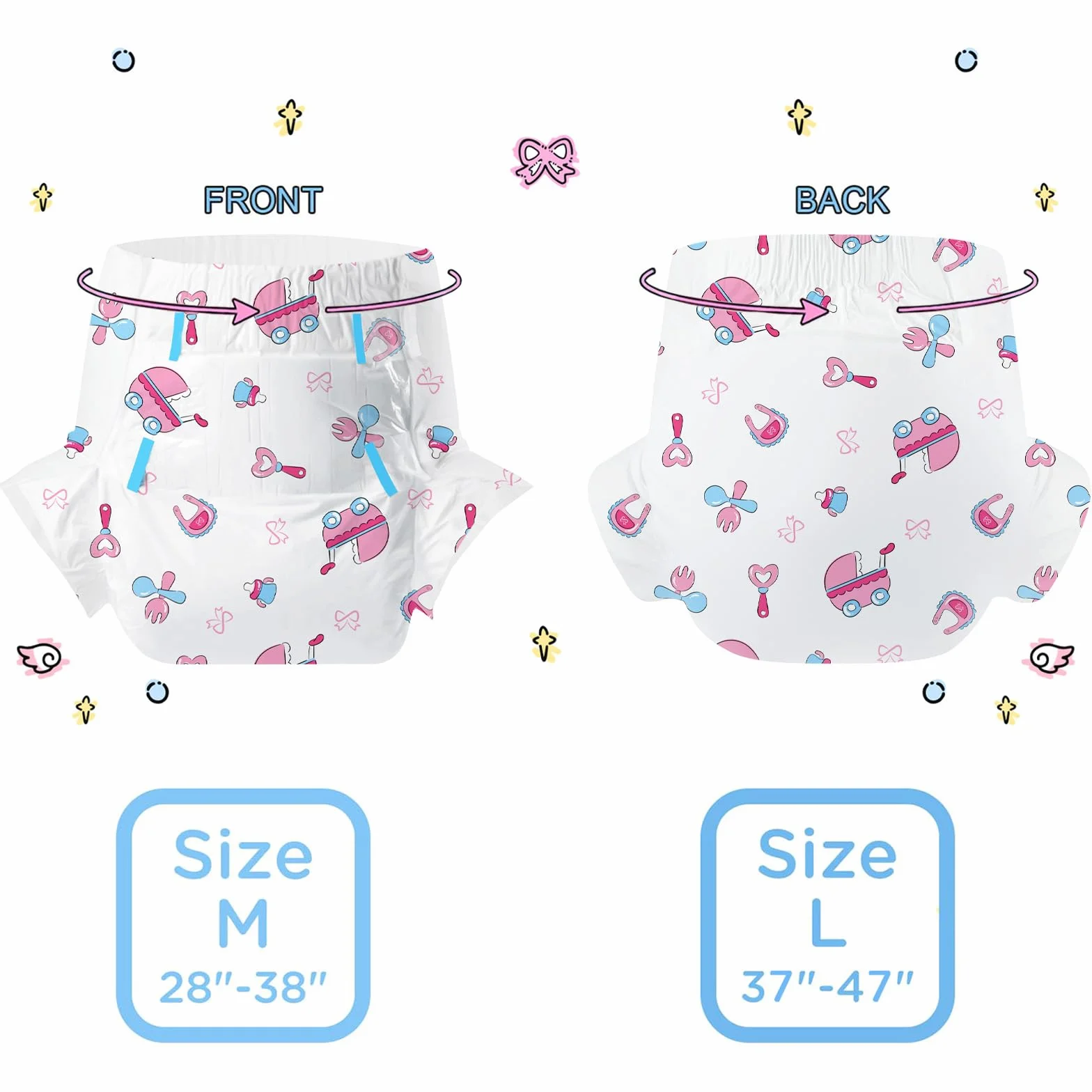 CutiePlusU Pieluchy dla dorosłych, 2 sztuki jednorazowe pieluchy inkontynencyjne z pętelkami, mocna absorpcja na noc - Baby Dream (rozmiar M 71-97 cm)