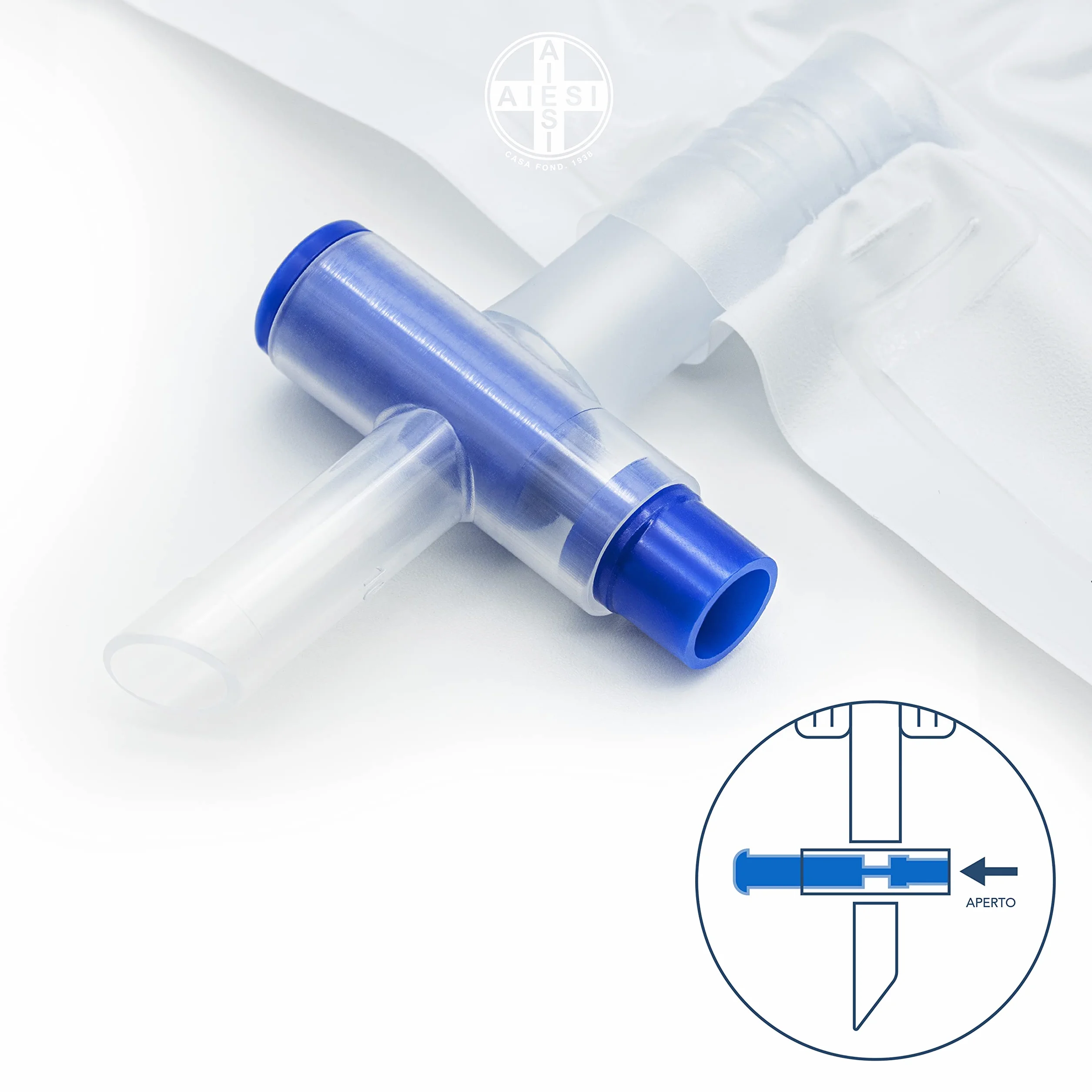 AIESI® Worki na mocz Bed 2 litry, rurka 120 cm z kranem krzyżowym (T) i zaworem antyrefluksowym HOSPIDRAIN (opakowanie 25 sztuk)