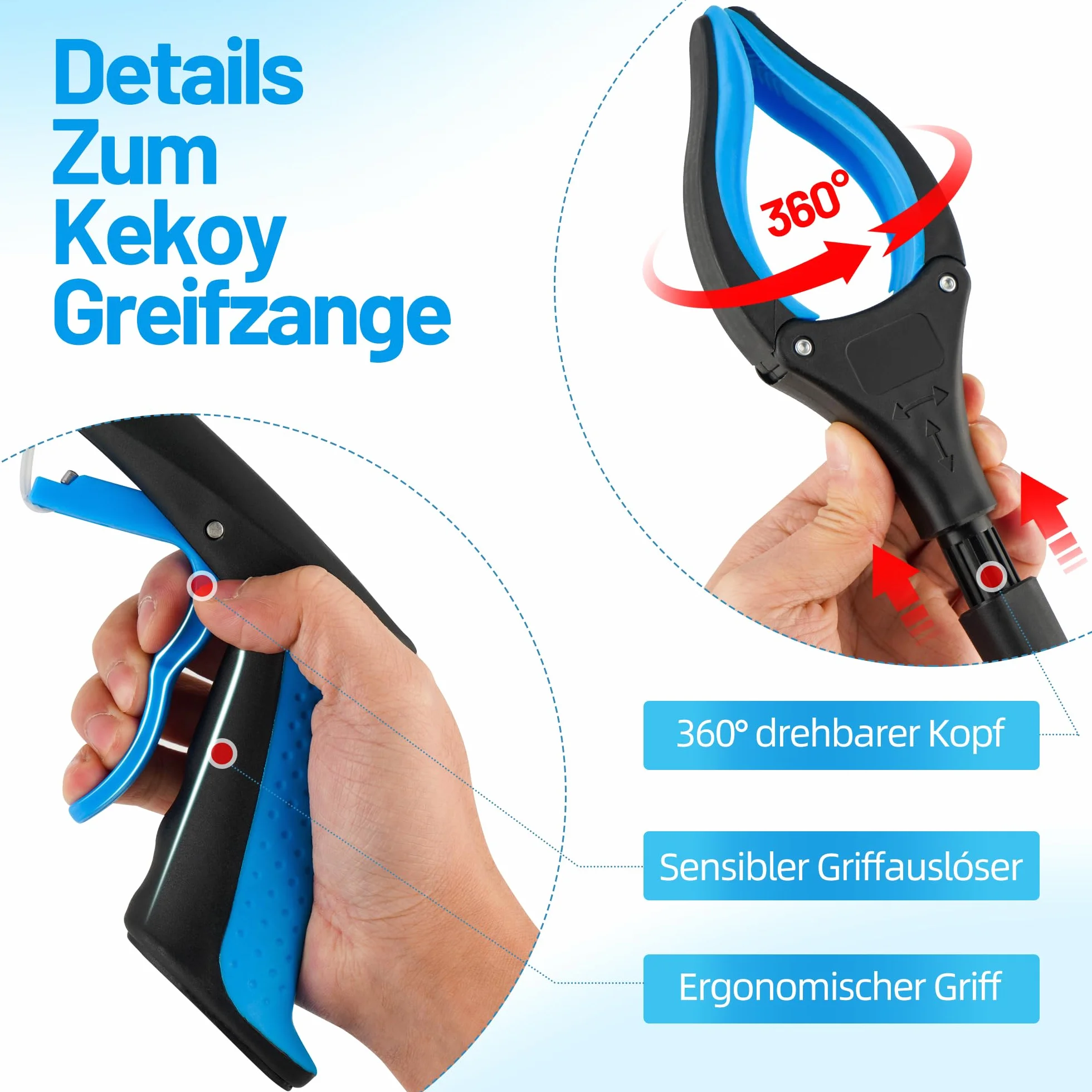 Chwytające szczypce Kuoga dla seniorów aluminiowe szczypce śmieci, składany chwyt dla seniorów, obrotowy chwytak, bardzo długi chwytanie ramię (91CM)