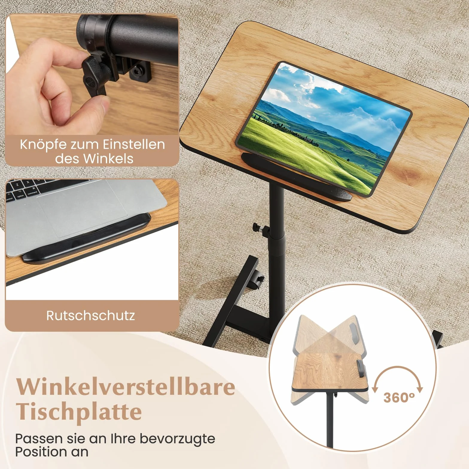 COSTWAY Stolik do łóżka z regulacją wysokości, obrotowy 360°, stolik pod laptopa