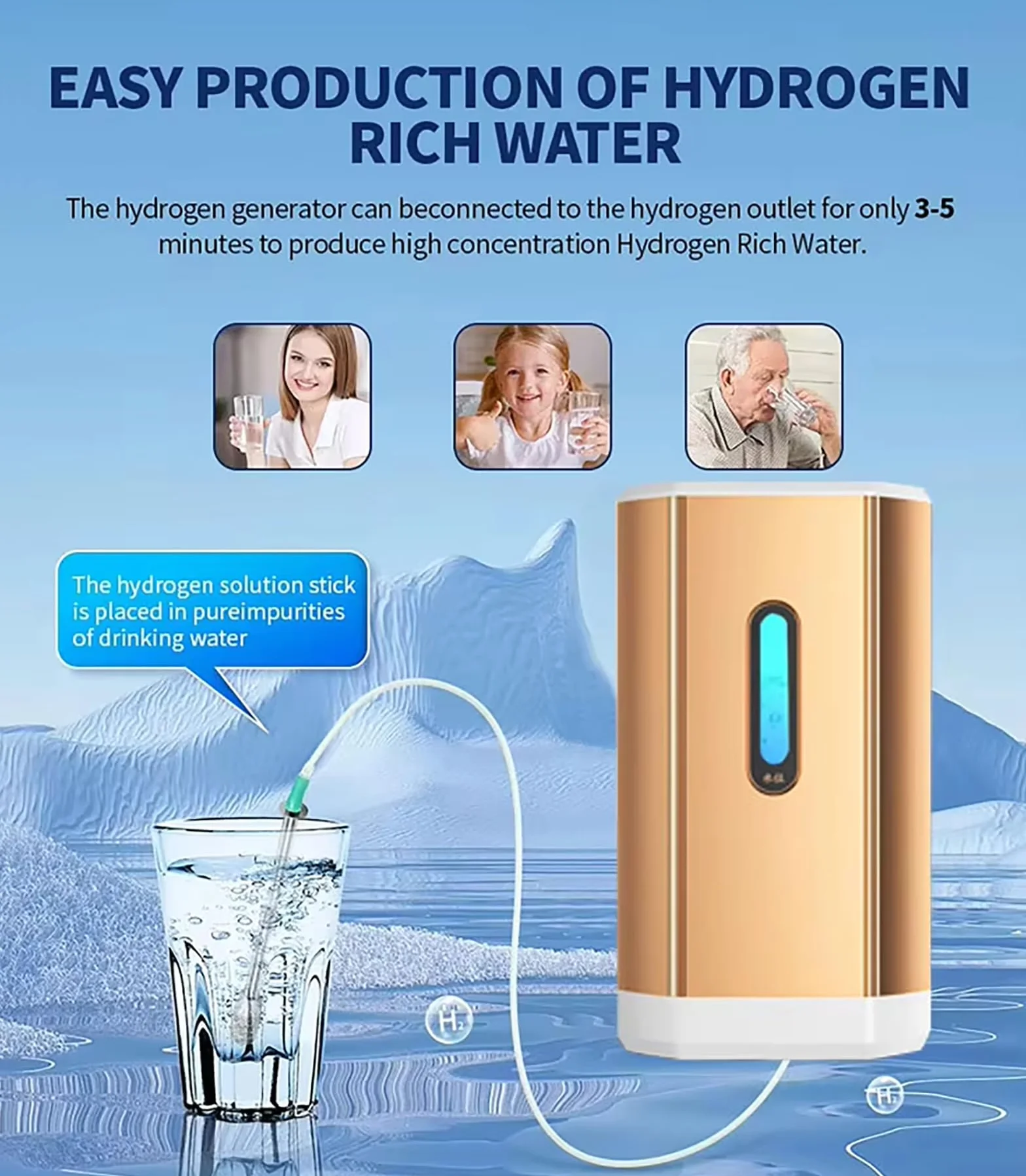 Inhalator Wodorowy 225/450 Ml/Min, Jonizator Wody H2 99,99%, Dwuportowy Niebieski
