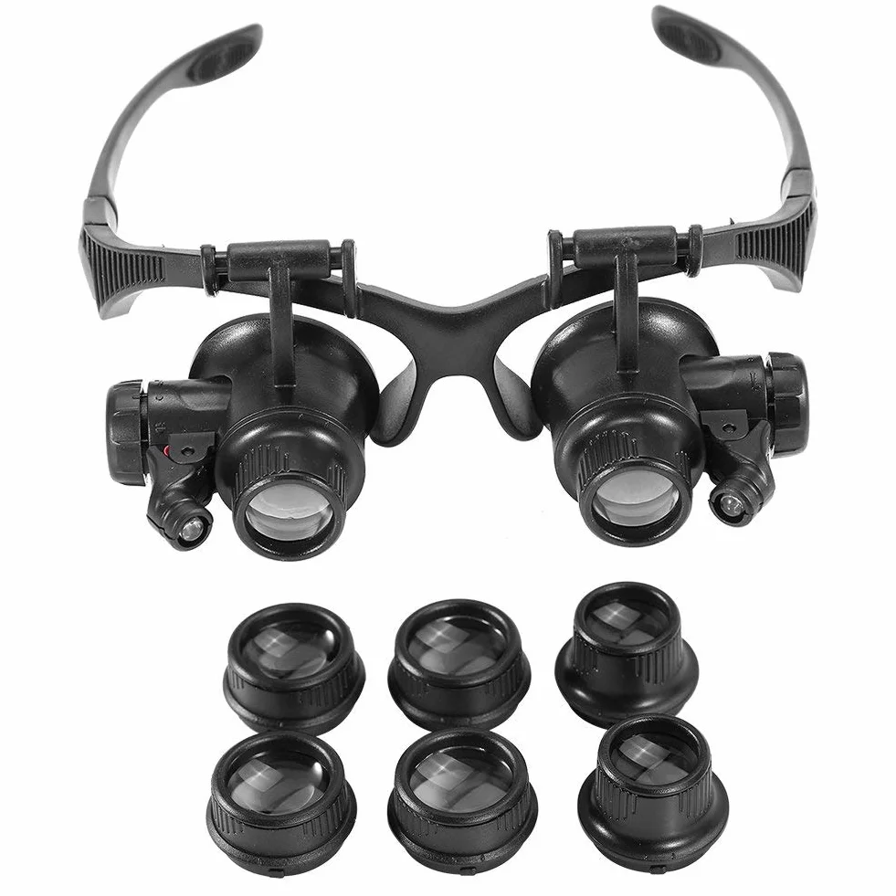Szkło powiększające LED ze światłem, regulowane światło LED, lupa do okularów noszących okulary, biżuteria, diament, stemple, dentysta i naprawa bez użycia rąk, 4 wymienne soczewki