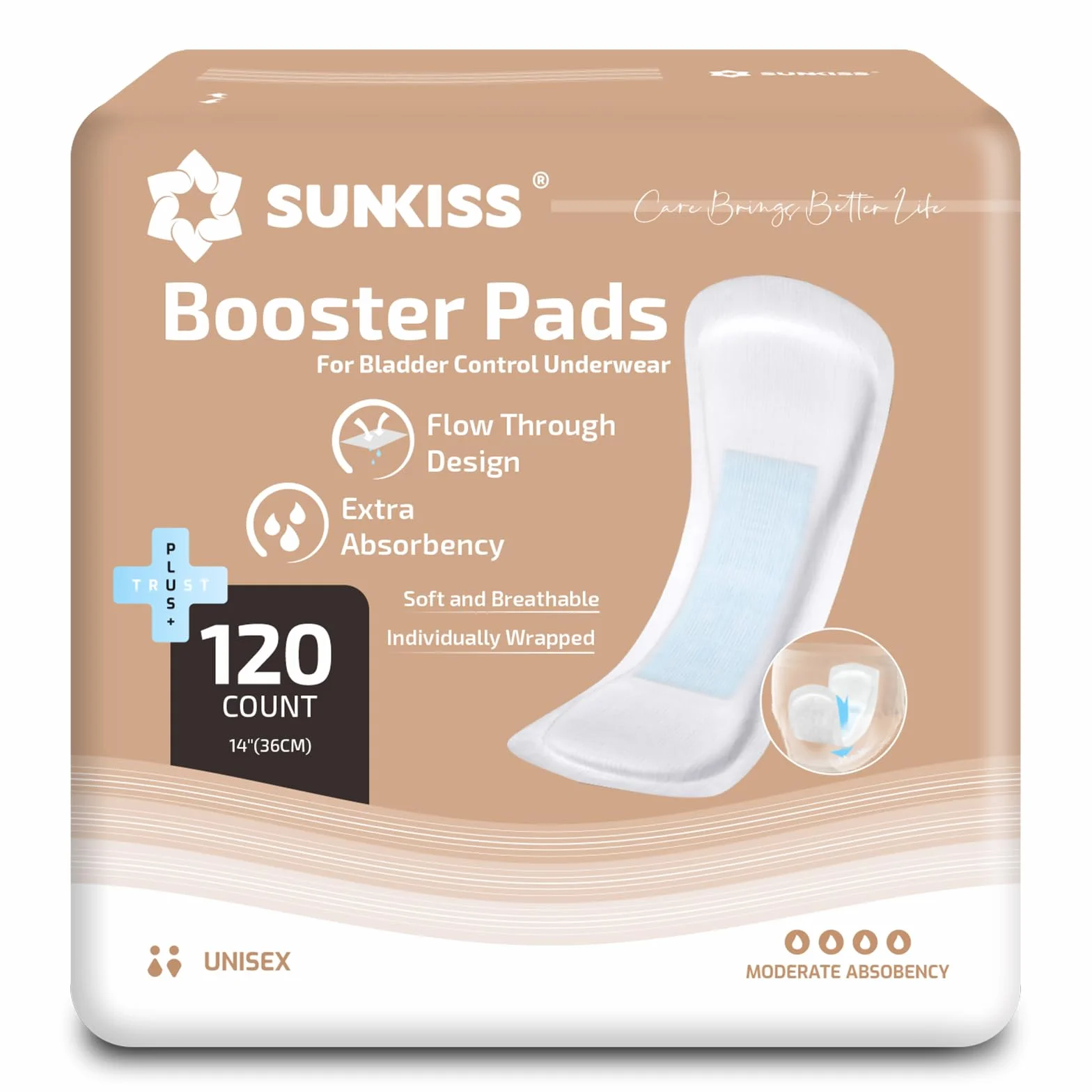 SUNKISS Booster Pads do pieluch dla dorosłych, wkładki inkontynencyjne z dodatkową siłą ssącą, kontrola zapachu, 120 sztuk