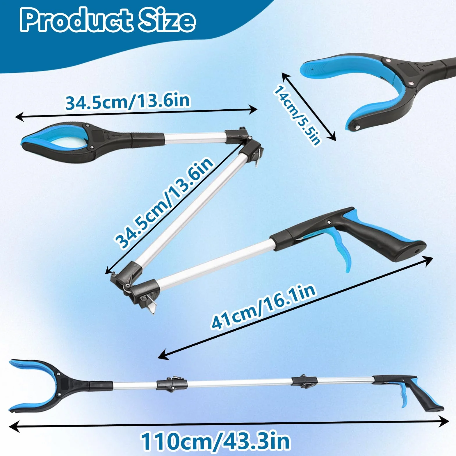 Szczypce Chwytakowe 110 cm dla Seniorów, Aluminiowe Szczypce Smieci, Składane Chwytające z Mocnym Uchwytem i Głowicą Obrotową 360°, Składany Chwyt dla Seniorów, Obrotowy Chwytak