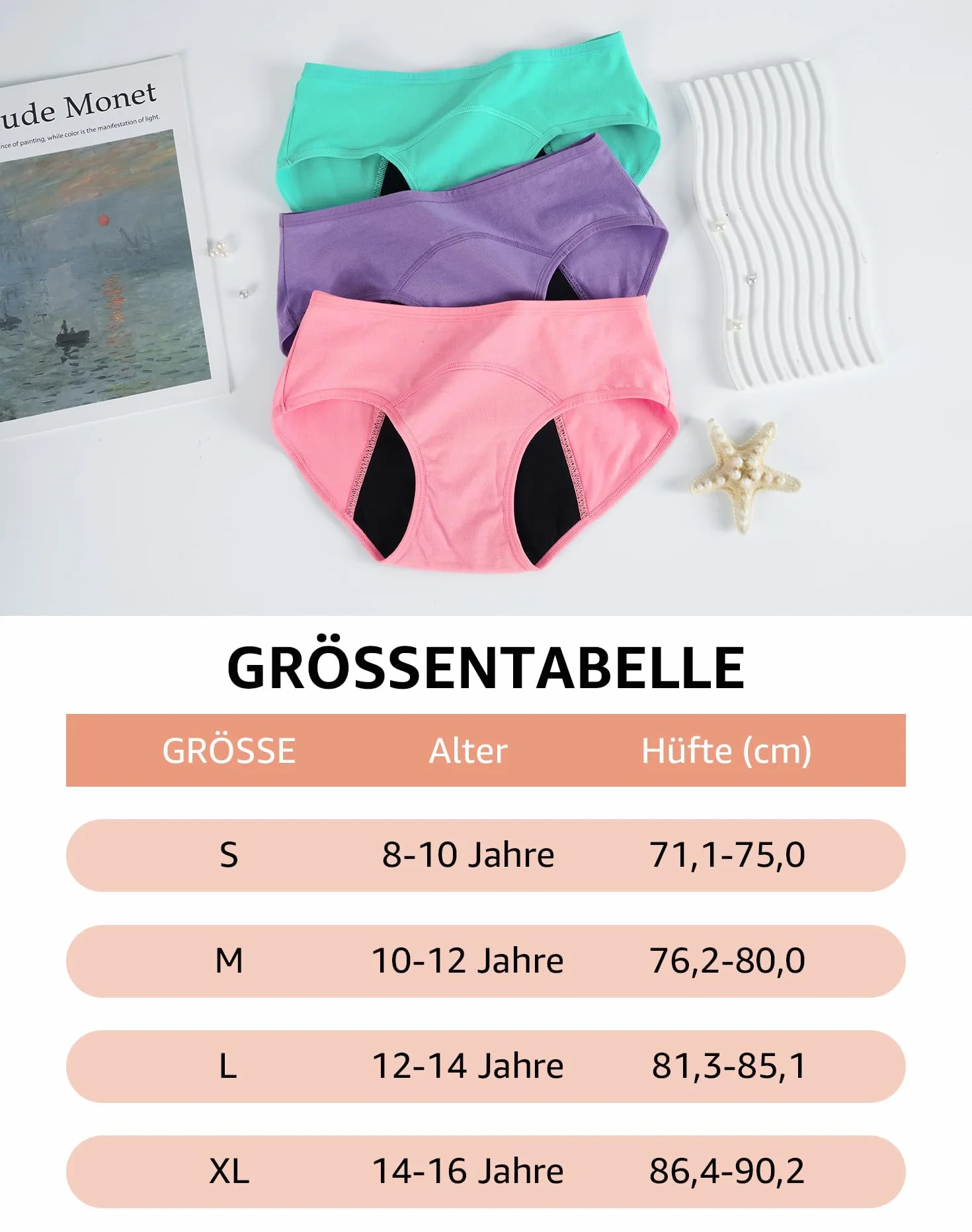 INNERSY dziewczęca bielizna bawełniana, majtki menstruacyjne, 3 szt.