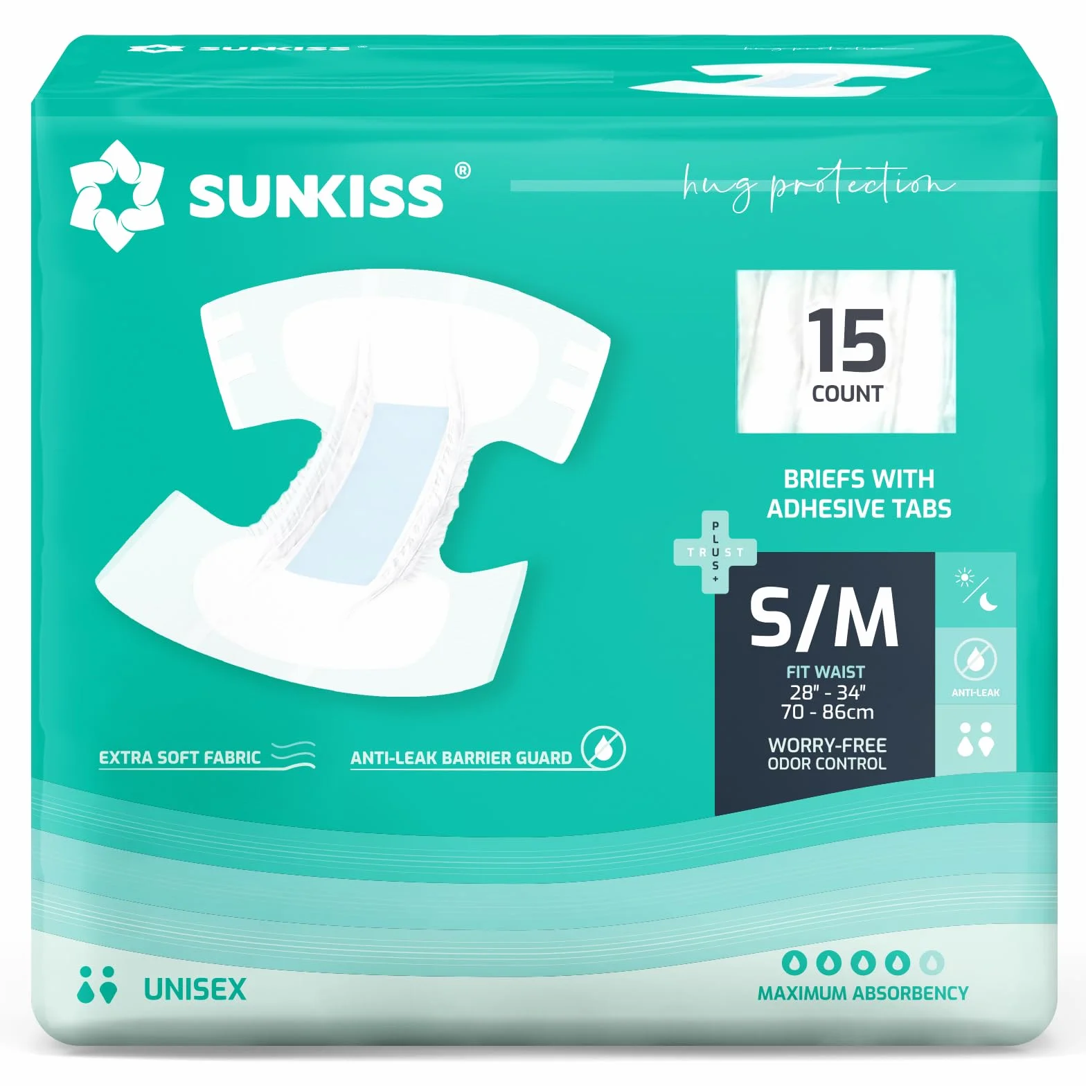 SUNKISS TrustPlus Pieluchy dla dorosłych o maksymalnej chłonności, uniseks jednorazowe majtki na nietrzymanie moczu z zakładkami, dla mężczyzn i kobiet, kontrola zapachu, rozmiar S/M, 15 sztuk