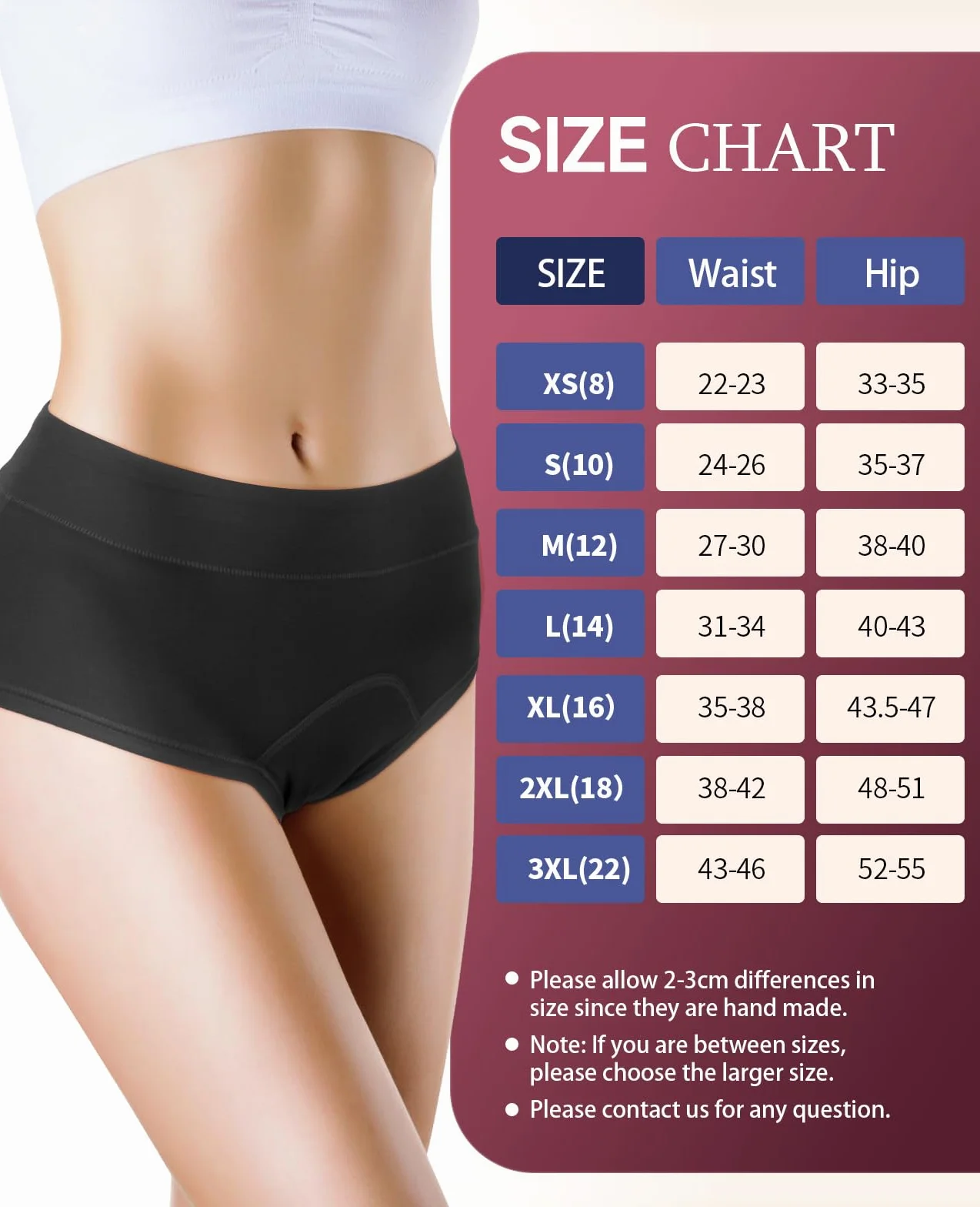 Bielizna okresowa, bielizna menstruacyjna, wysoka waga, 95% bawełna, oddychająca, 3 sztuki w opakowaniu (XS-3XL)