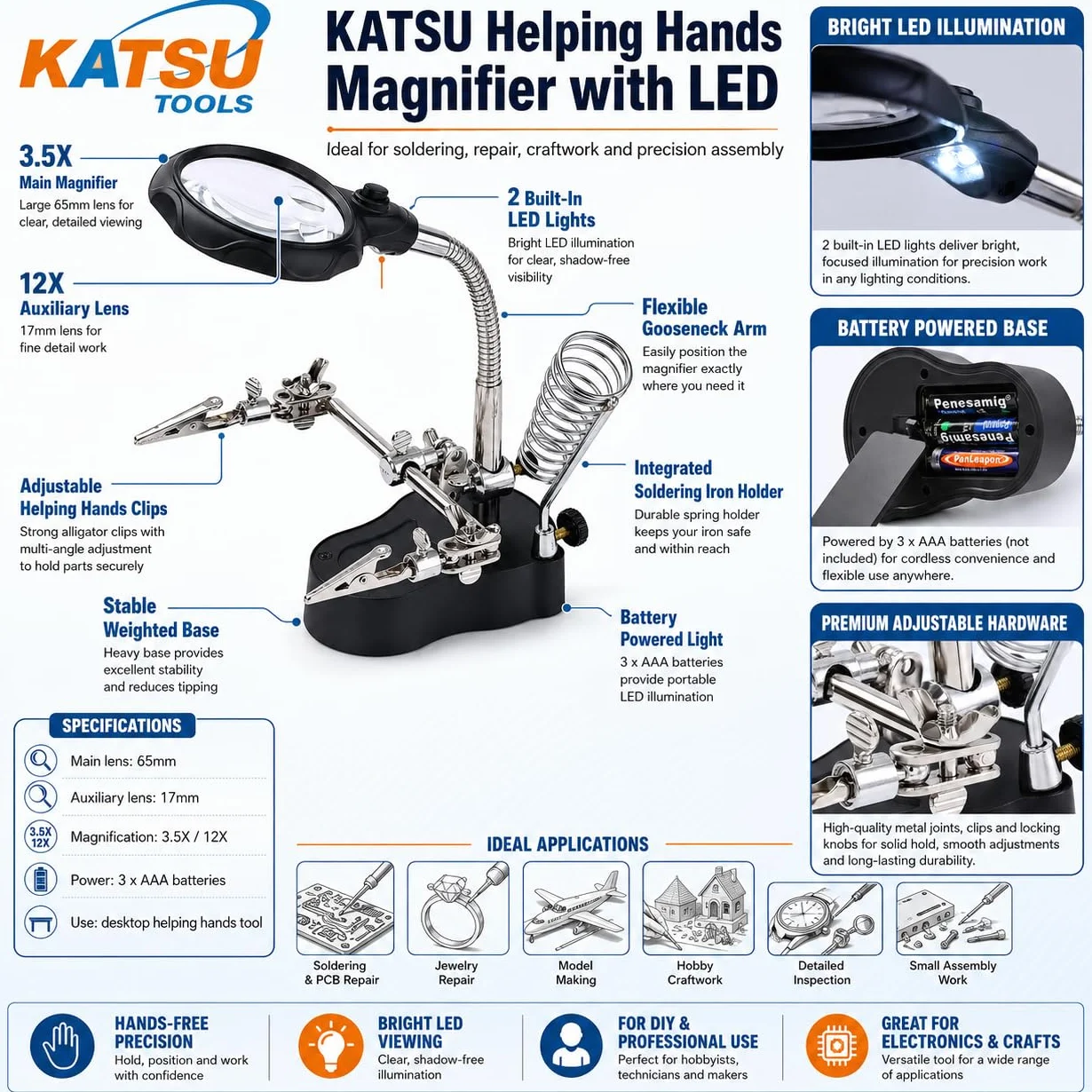 KATSU Tools 990747 podświetlane szkło powiększające lupa pomaga dłoniom lupa lutownicza