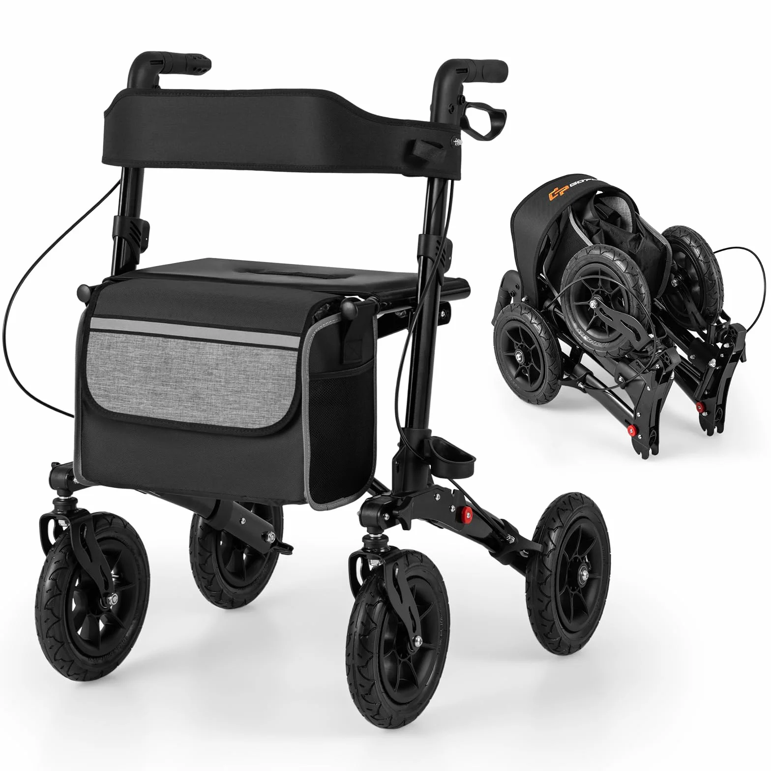 COSTWAY Chodzik z oponami pneumatycznymi składany aluminiowy do 140 kg 2 w 1 wózek inwalidzki i solator podróżny z 7-stopniową regulacją wysokości
