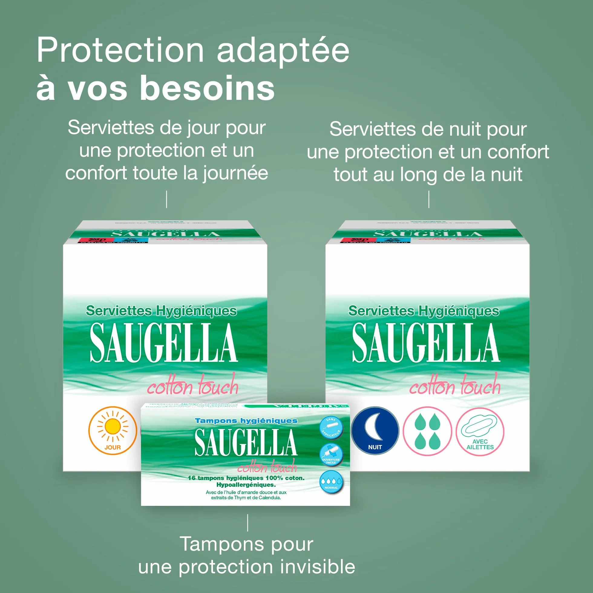 Saugella - Cotton Touch Night - Higieniczne ręczniki - Bardzo chłonne - Bardzo cienkie - Hipoalergiczne ze skrzydełkami - Antyzapachowe - 48 serwetek - Zestaw 4x12