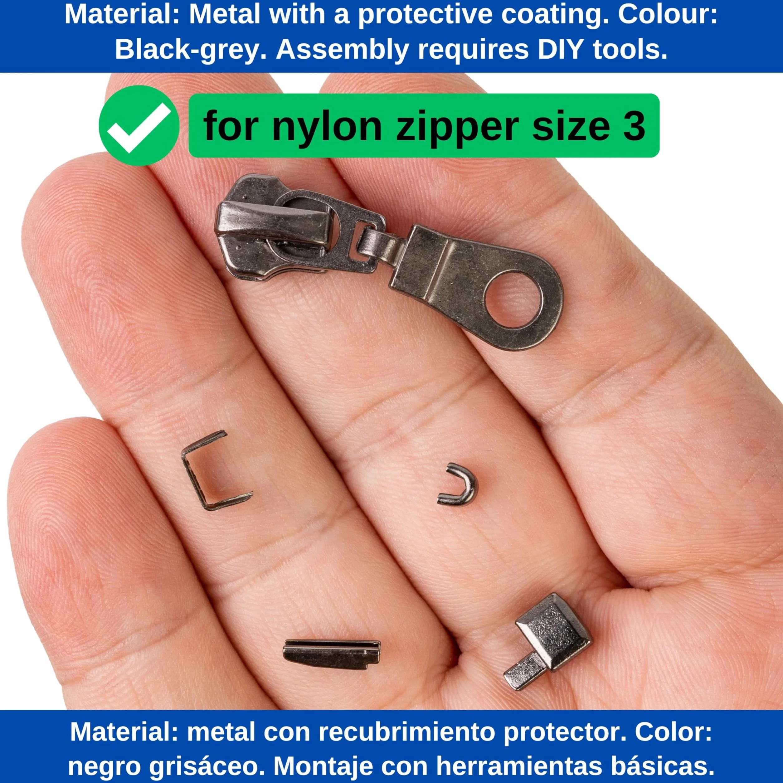 Zestaw naprawczy zamków błyskawicznych NYLON #3 z 6 suwakami, zaślepkami u dołu, 12 x zatyczkami na górze, zapasowym zamkiem błyskawicznym, górny i dolny zatrzask na zamek błyskawiczny, do kurtki