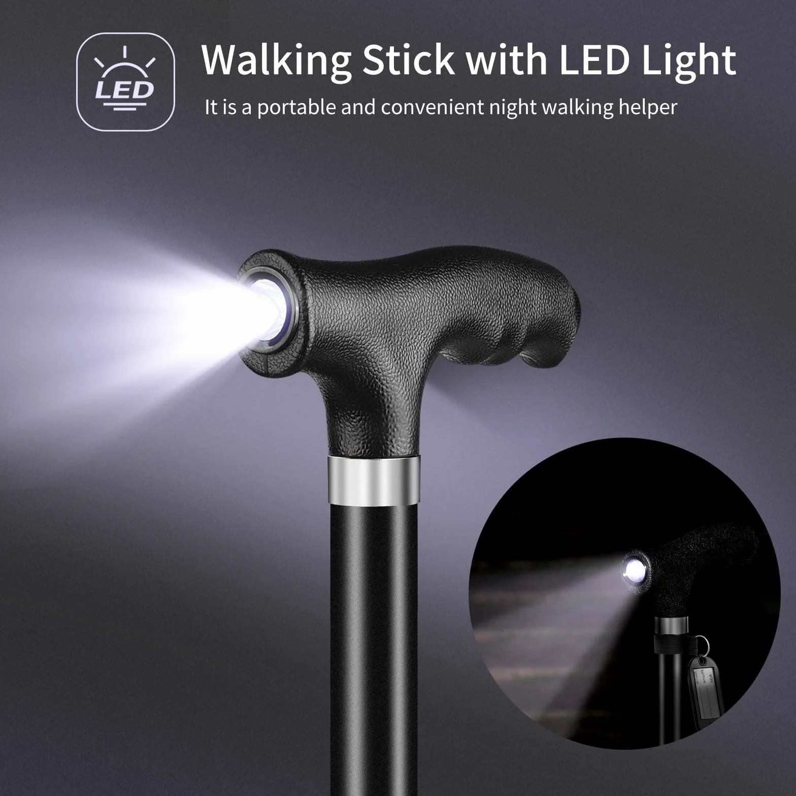 OOCOME Regulowana Laska do Chodzenia z Oświetleniem LED, Aluminiowa, z Gumowymi Końcówkami