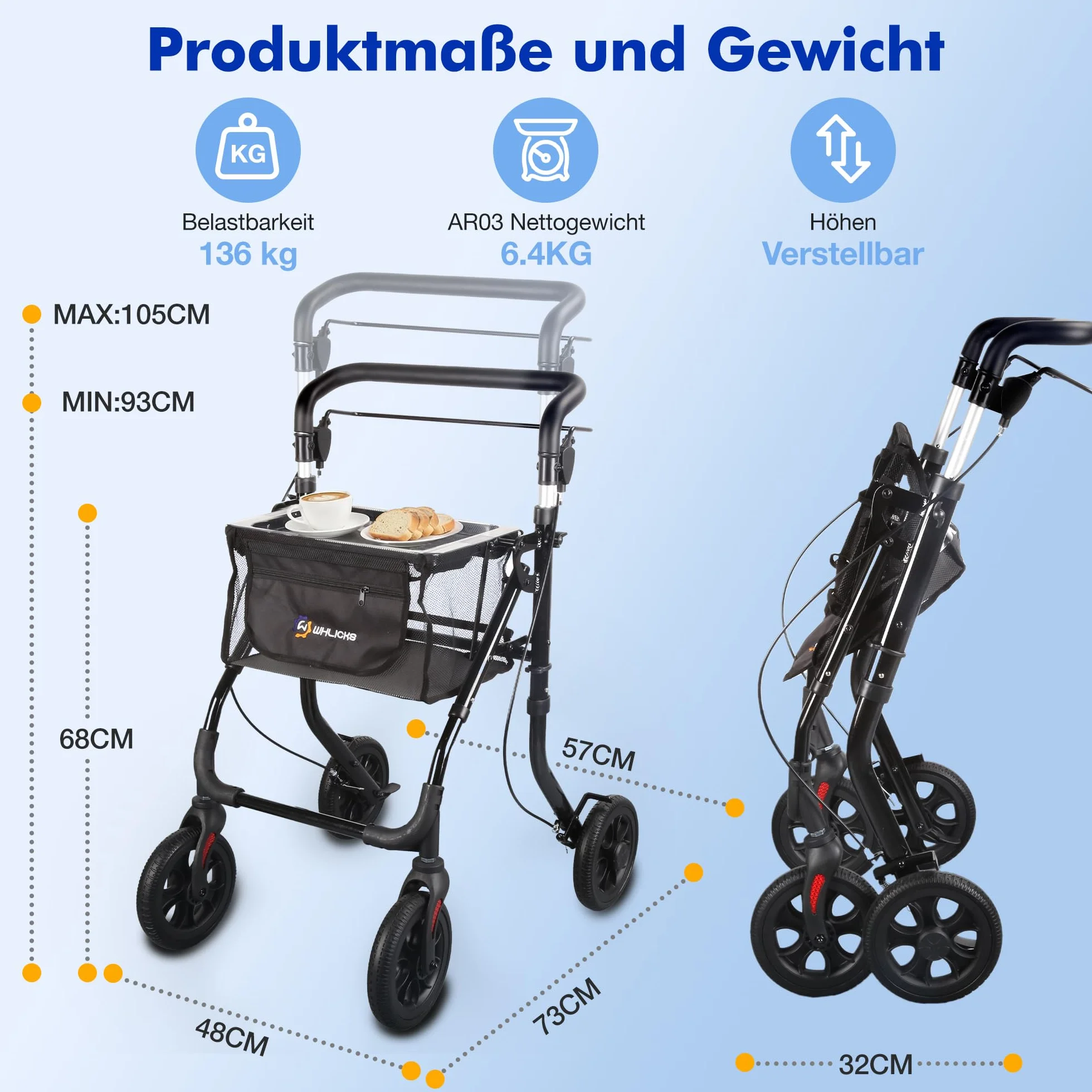 Aluminiowy Rollator Składany Wąski do Mieszkania z Torbą i Tacą, Regulacja Wysokości, Antypoślizgowa Opona