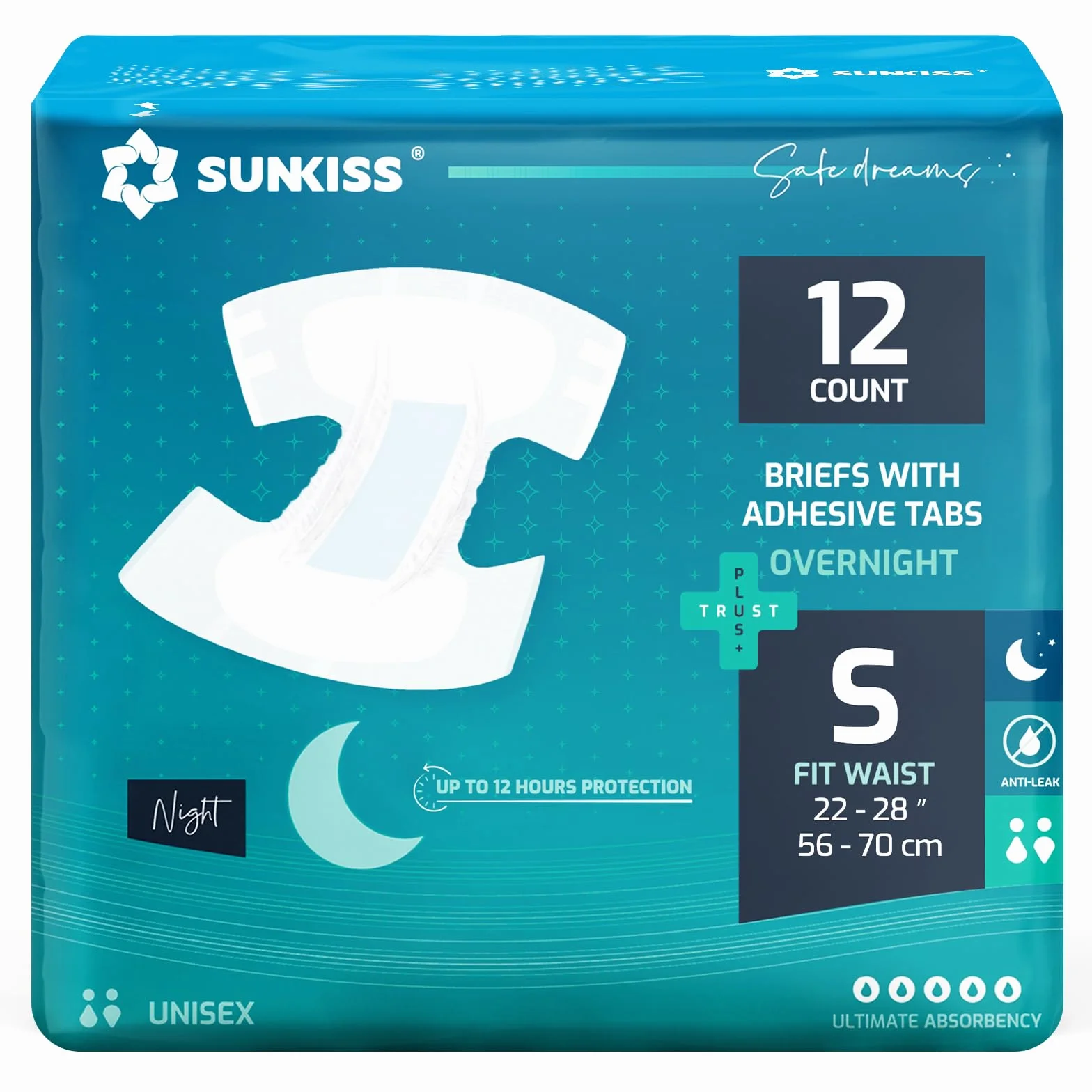 SUNKISS TrustPlus Overnight pieluchy dla dorosłych o najwyższej chłonności, majtki na nietrzymanie moczu unisex z zakładkami dla mężczyzn i kobiet, kontrola zapachu, S, 12 sztuk
