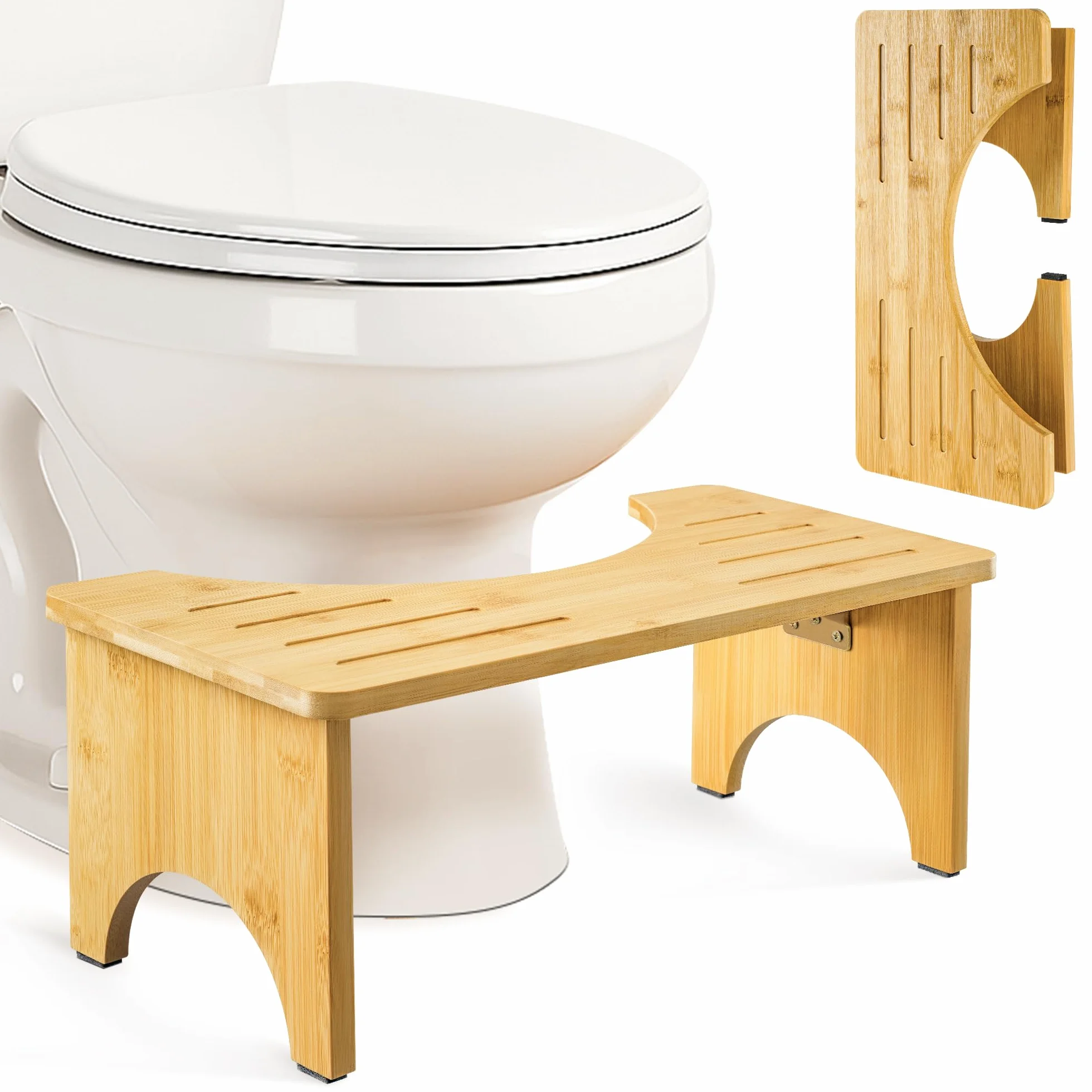 Składany taboret toaletowy dla dorosłych, taboret toaletowy z drewna bambusowego do łazienki, ergonomiczny taboret do WC na hemoroidy, zaparcia, wzdęcia