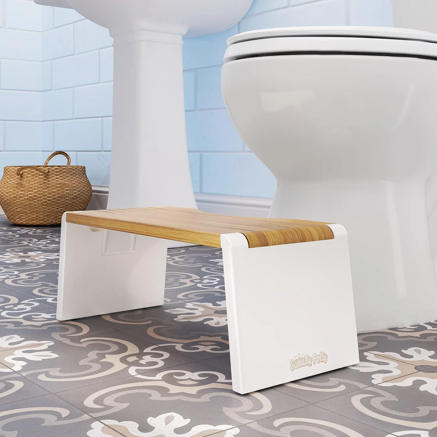 Squatty Potty Stockholm SP-BAMBOO-STOCKHOLM Składany Stołek Bambusowy 7 Cali Brązowy Biały