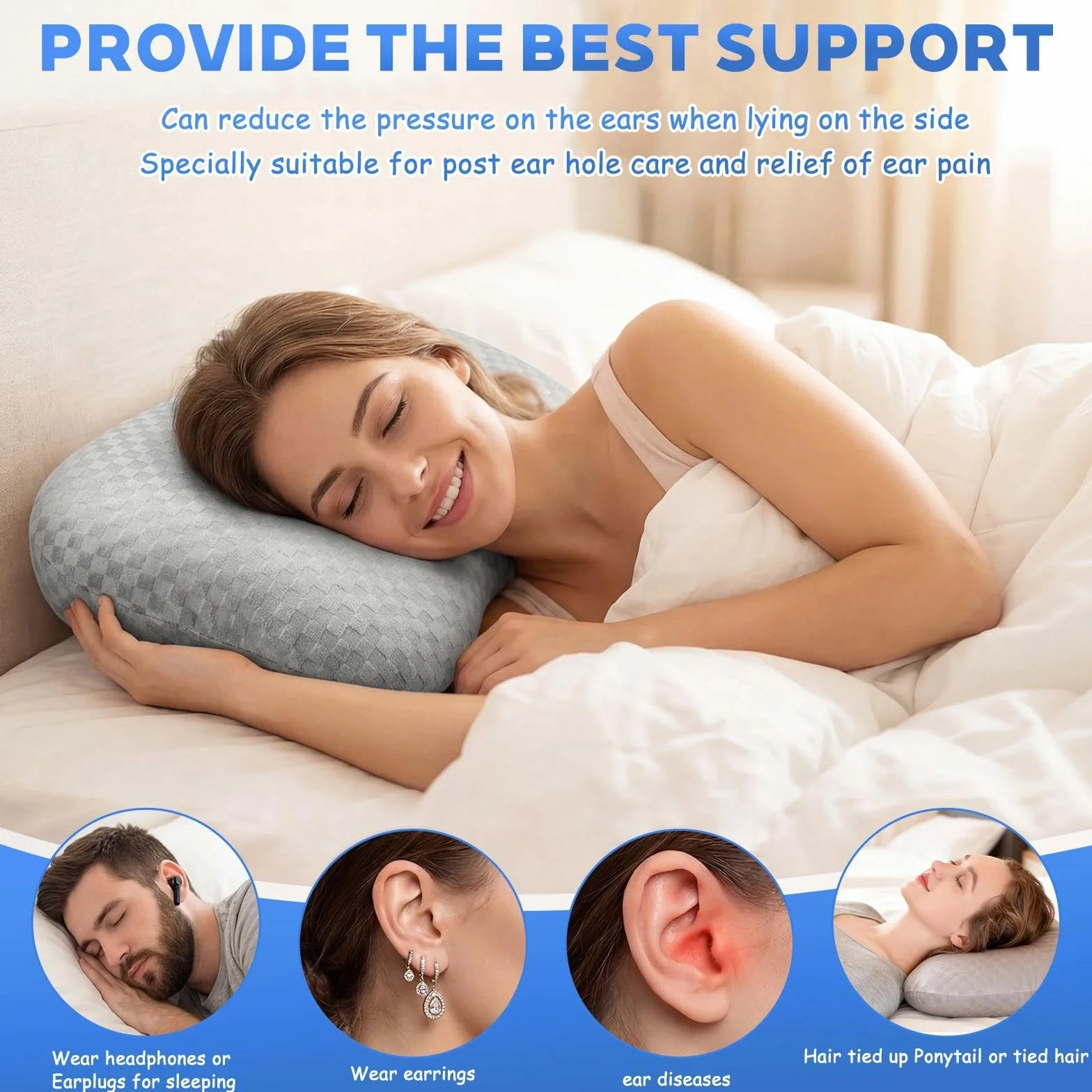 Piercing Ear Hole Pillows, poduszka do piercingu w kształcie pączka, wypełnienie z olyestrem, poduszka do przekłuwania uszu dla osób śpiących na boku, z otworem na ucho, dla osób cierpiących