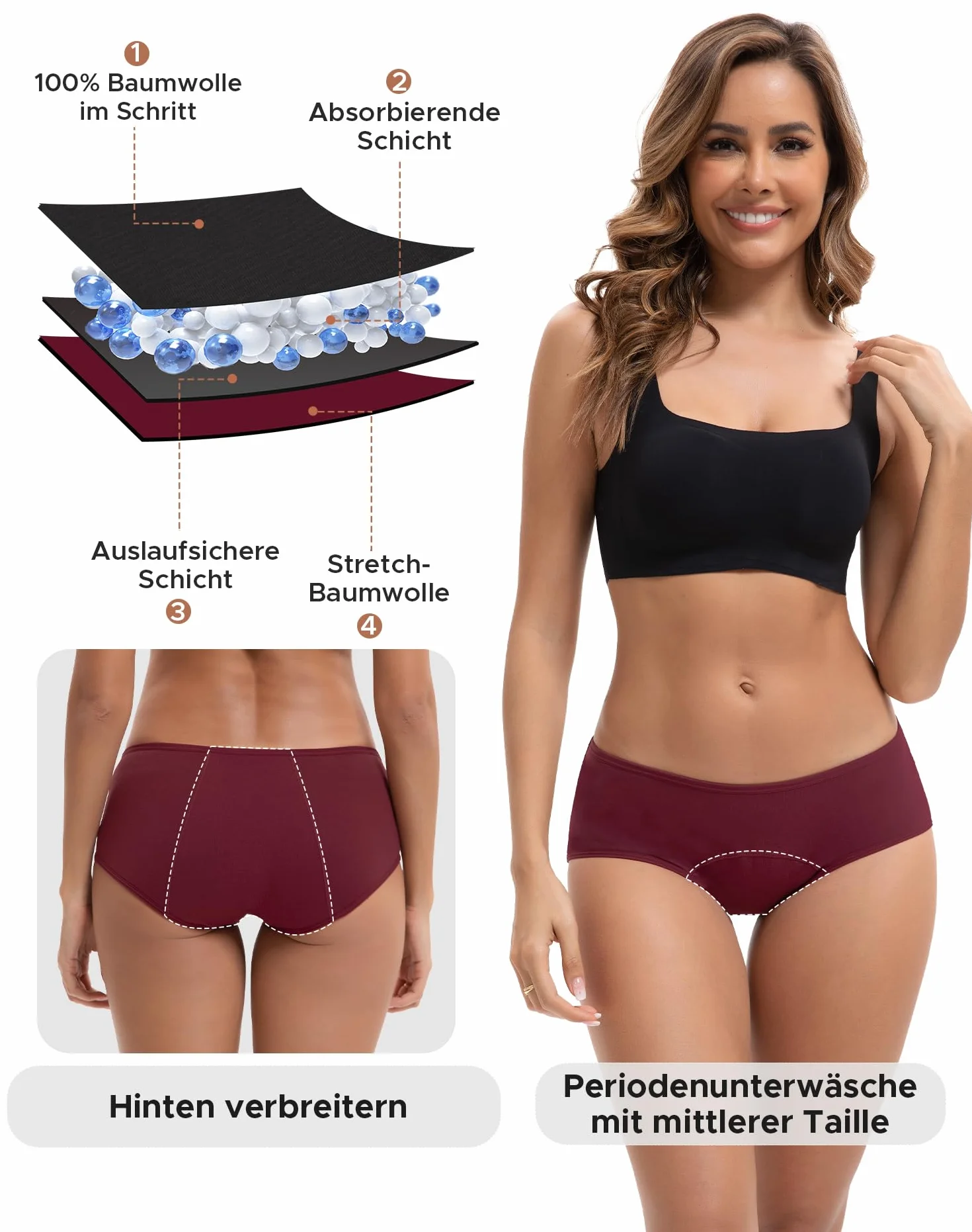 INNERSY Bielizna okresowa, silne krwawienie, bawełna, majtki menstruacyjne, szczelne, 3 sztuki w opakowaniu, czerwone wino, jasny brąz, terakota, S