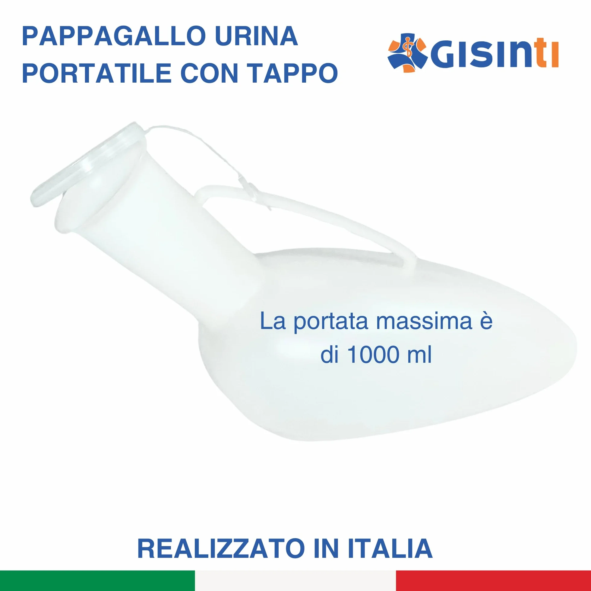 Papuga Mocz Mężczyzna Przenośny Pisuar z Czapką: 1000 ml | Pisuar Papagal dla mężczyzn Męski Pisuar z nietoksycznego polietylenu - Made in Italy - 1 sztuka - kolor biały