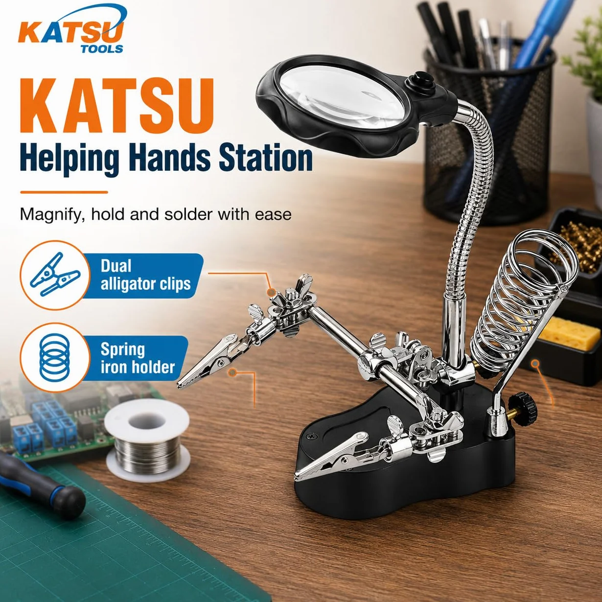 KATSU Tools 990747 podświetlane szkło powiększające lupa pomaga dłoniom lupa lutownicza