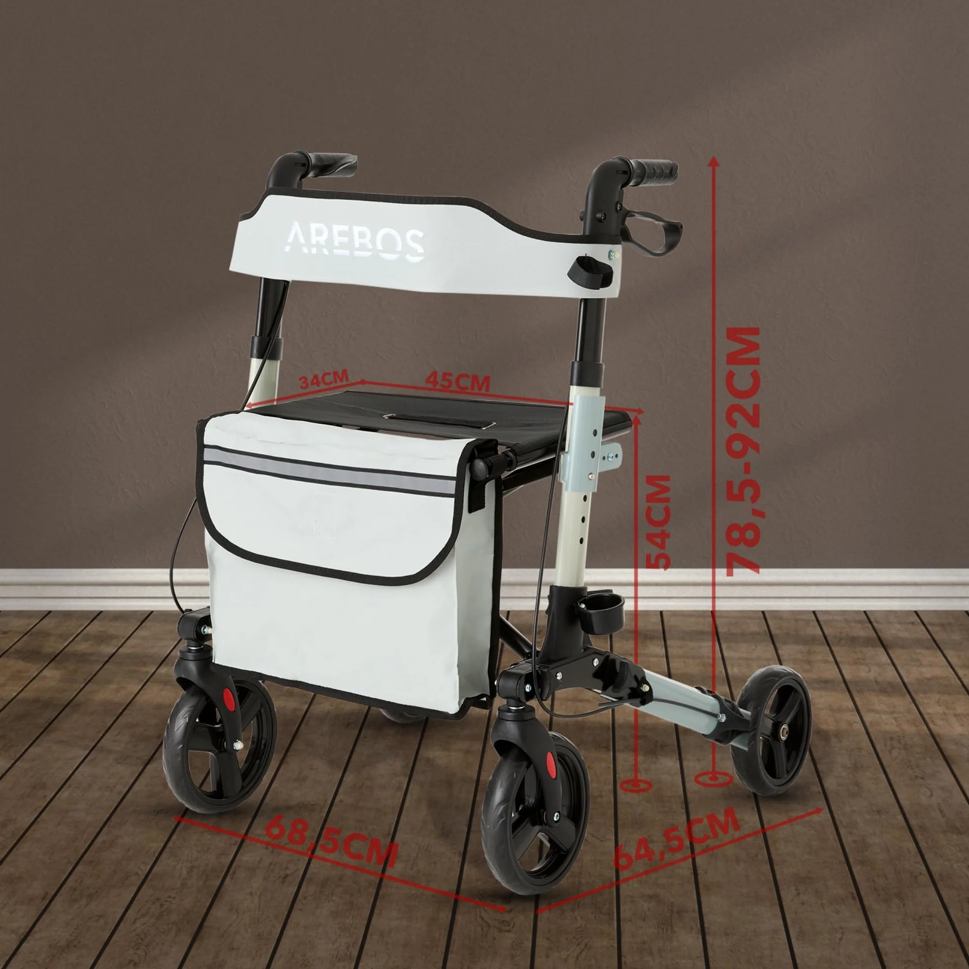 Arebos Rollator 4 Koła Składany z Siedziskiem i Oparciem, Regulacja Wysokości, Torba na Zakupy, Maks. 136 kg