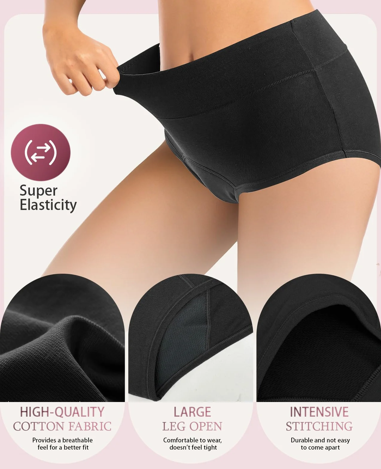 Bielizna okresowa, bielizna menstruacyjna, wysoka waga, 95% bawełna, oddychająca, 3 sztuki w opakowaniu (XS-3XL)