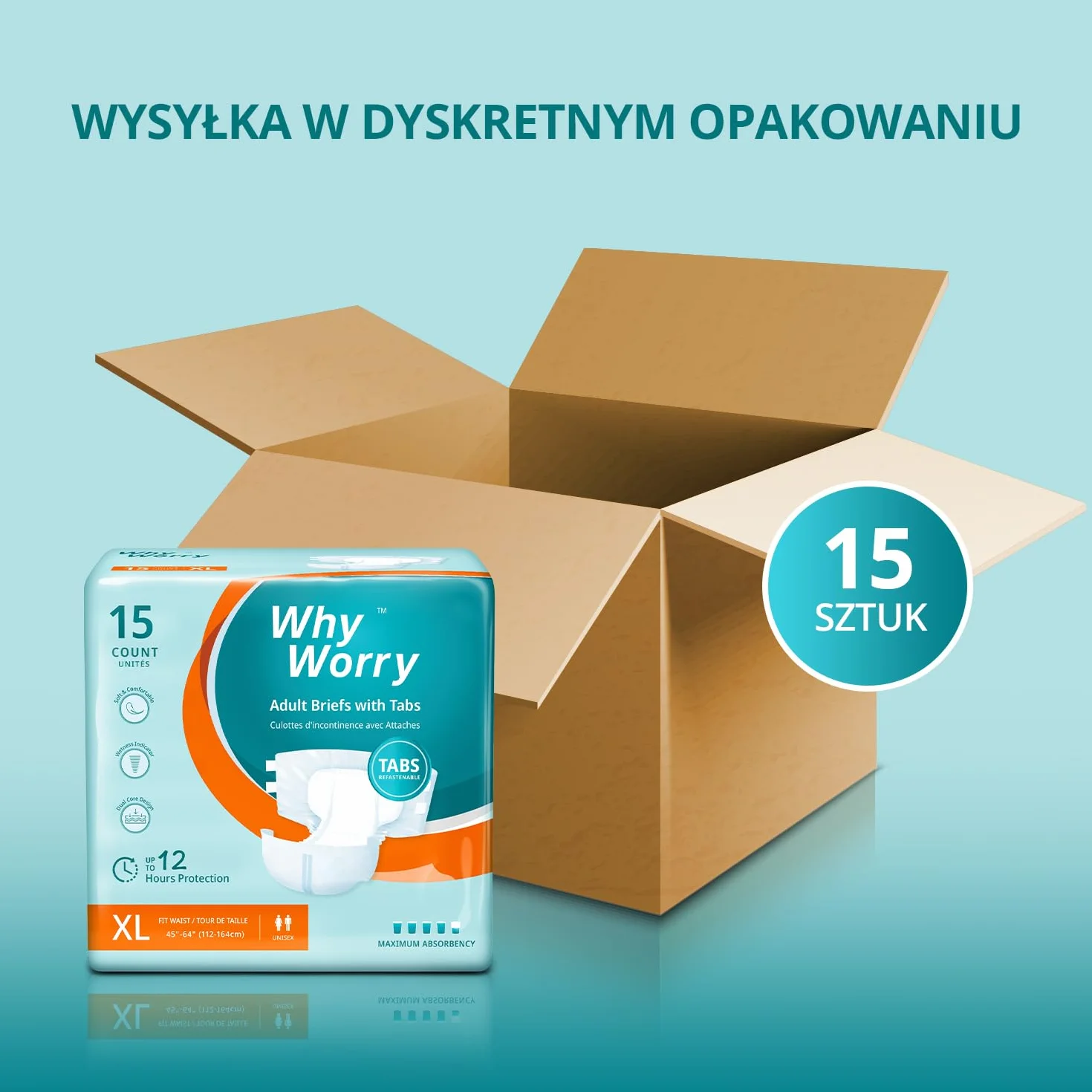 WhyWorry Pieluchy dla Dorosłych o Maksymalnej Chłonności, Jednorazowe Majtki na Nietrzymanie Moczu z Zakładkami, dla Mężczyzn i Kobiet, Kontrola Zapachu, Unisex, Rozmiar XL, 15 Sztuk