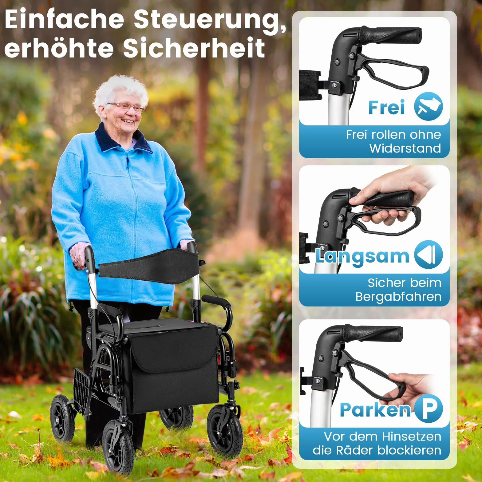 COSTWAY Chodzik z oponami pneumatycznymi składany lekki z siedziskiem wózek inwalidzki rollator 2 w 1 aluminium do 140 kg 6-stopniową regulacją wysokości