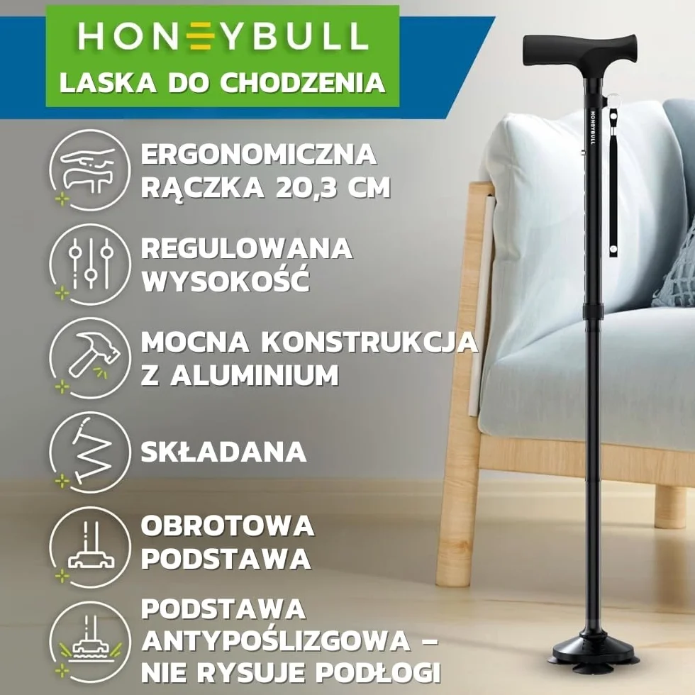 HONEYBULL Laska do Chodzenia Składana Regulowana Wolnostojąca Obrotowa Końcówka