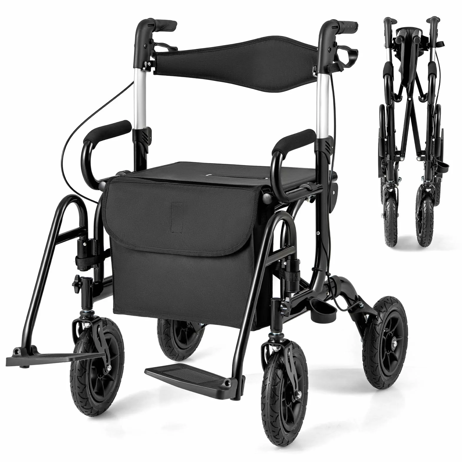 COSTWAY Chodzik z oponami pneumatycznymi składany lekki z siedziskiem wózek inwalidzki rollator 2 w 1 aluminium do 140 kg 6-stopniową regulacją wysokości